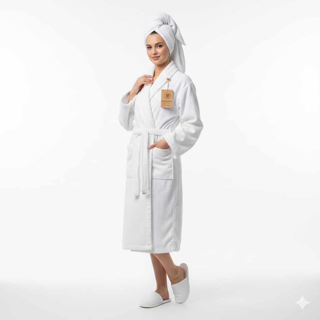 Biolinen 100% Cotton Terry Shawl Collar Bathrobe With Slippers
