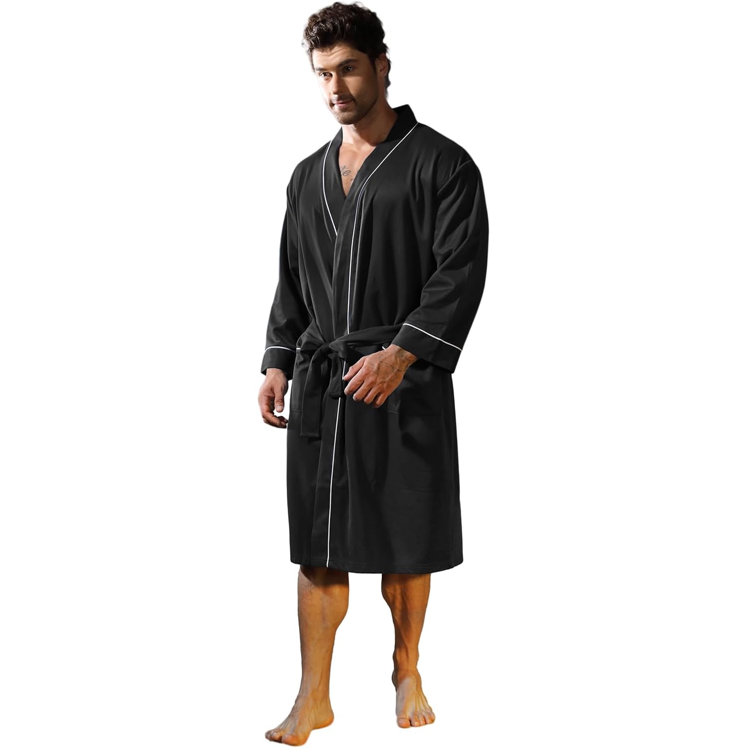 Mens Kimono Robe Lightweight Soft Bathrobe Sleepwear Loungewear With Pockets