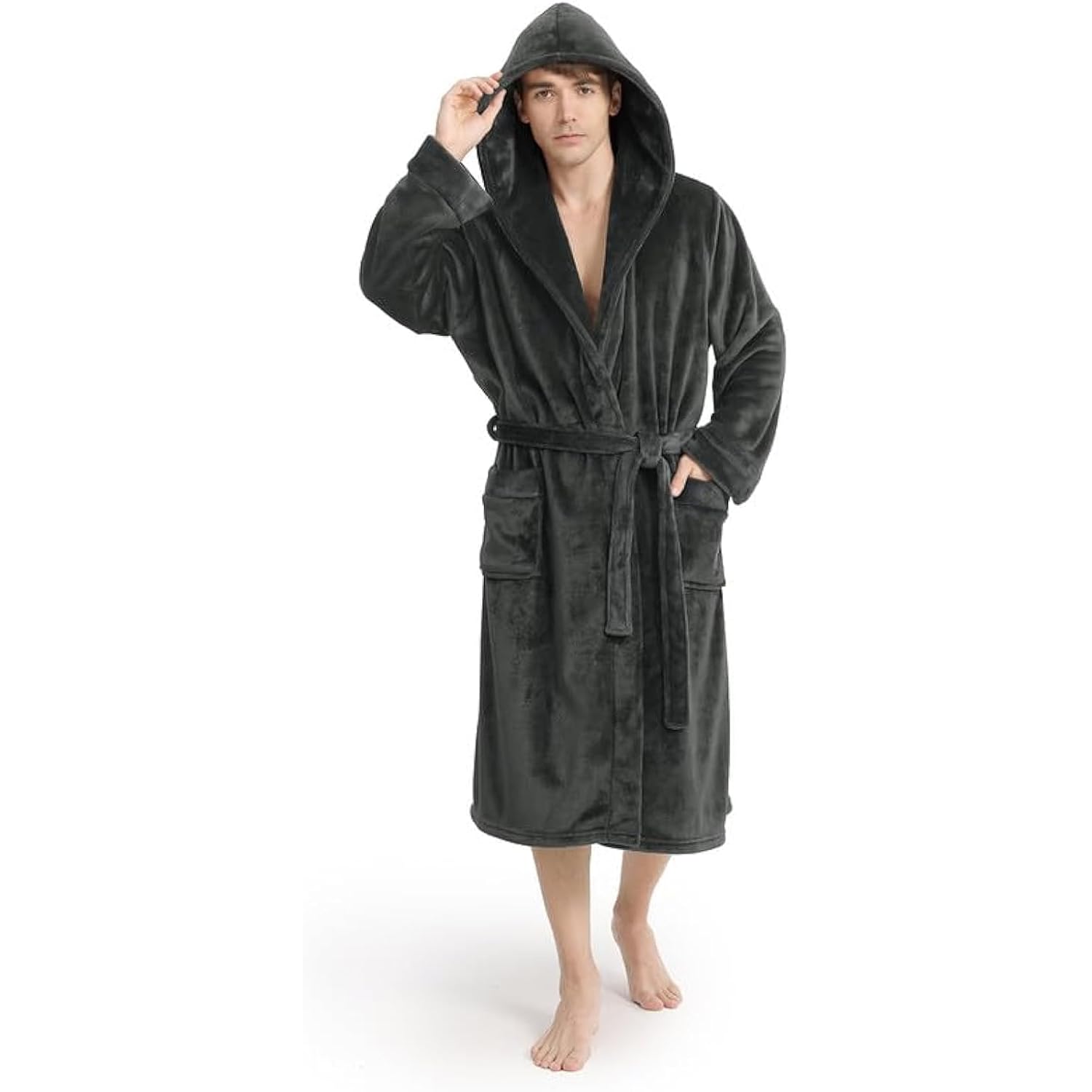 Yurhap Luxury Mens Robe With Hood, Ultra Cozy Fleece Bathrobe For Men, Plush Hooded Robe With Belt & 2 Pockets