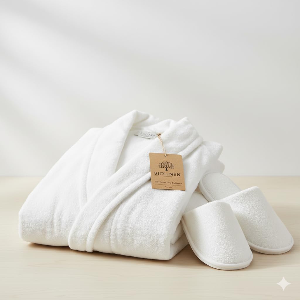Biolinen 100% Cotton Terry Shawl Collar Bathrobe With Slippers