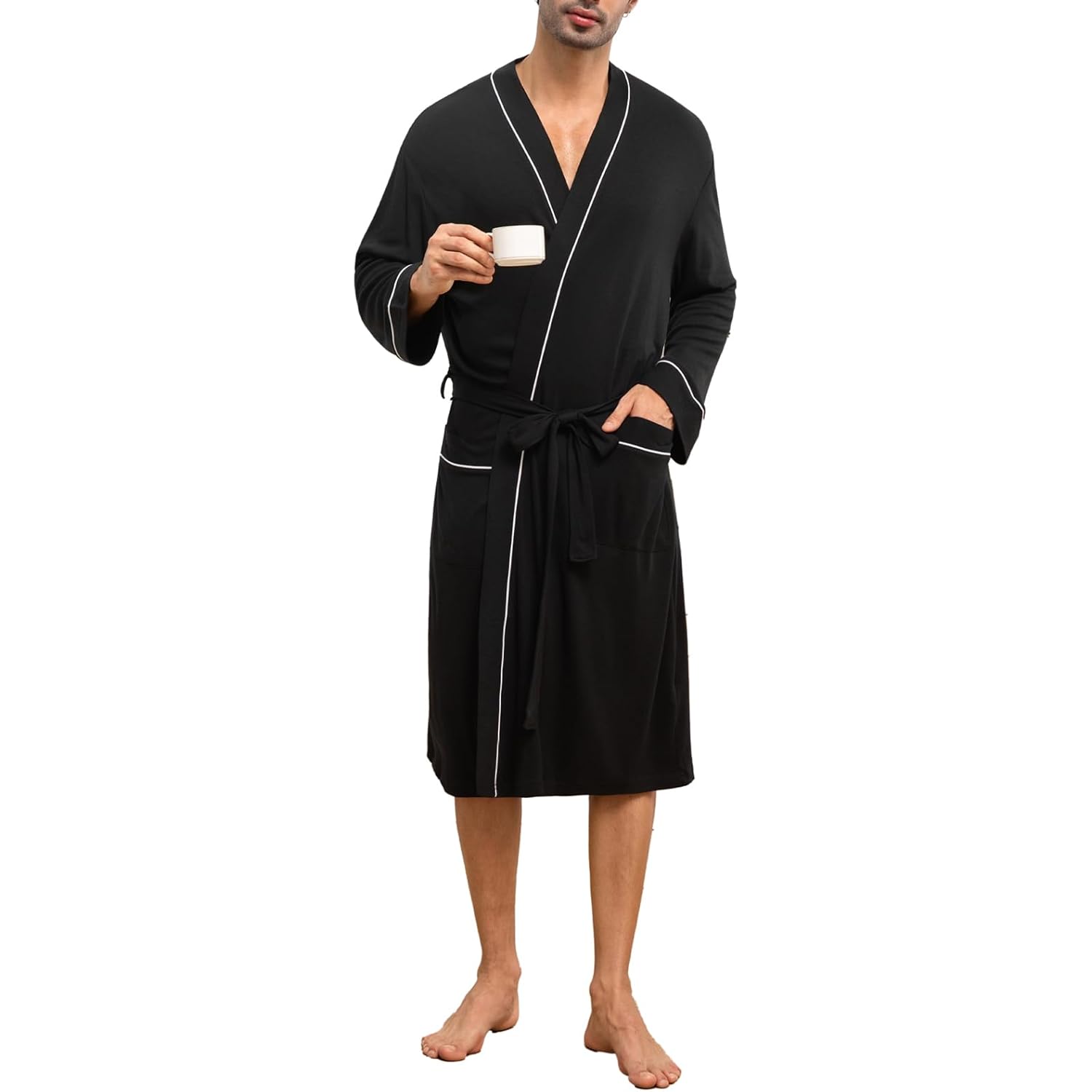 Mens Lightweight Robe Cotton Blend Kimono Bathrobe With Pockets, Soft Breathable Absorbent Loungewear For Home