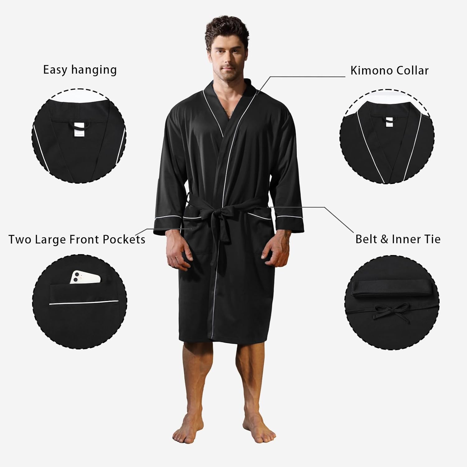 Mens Kimono Robe Lightweight Soft Bathrobe Sleepwear Loungewear With Pockets