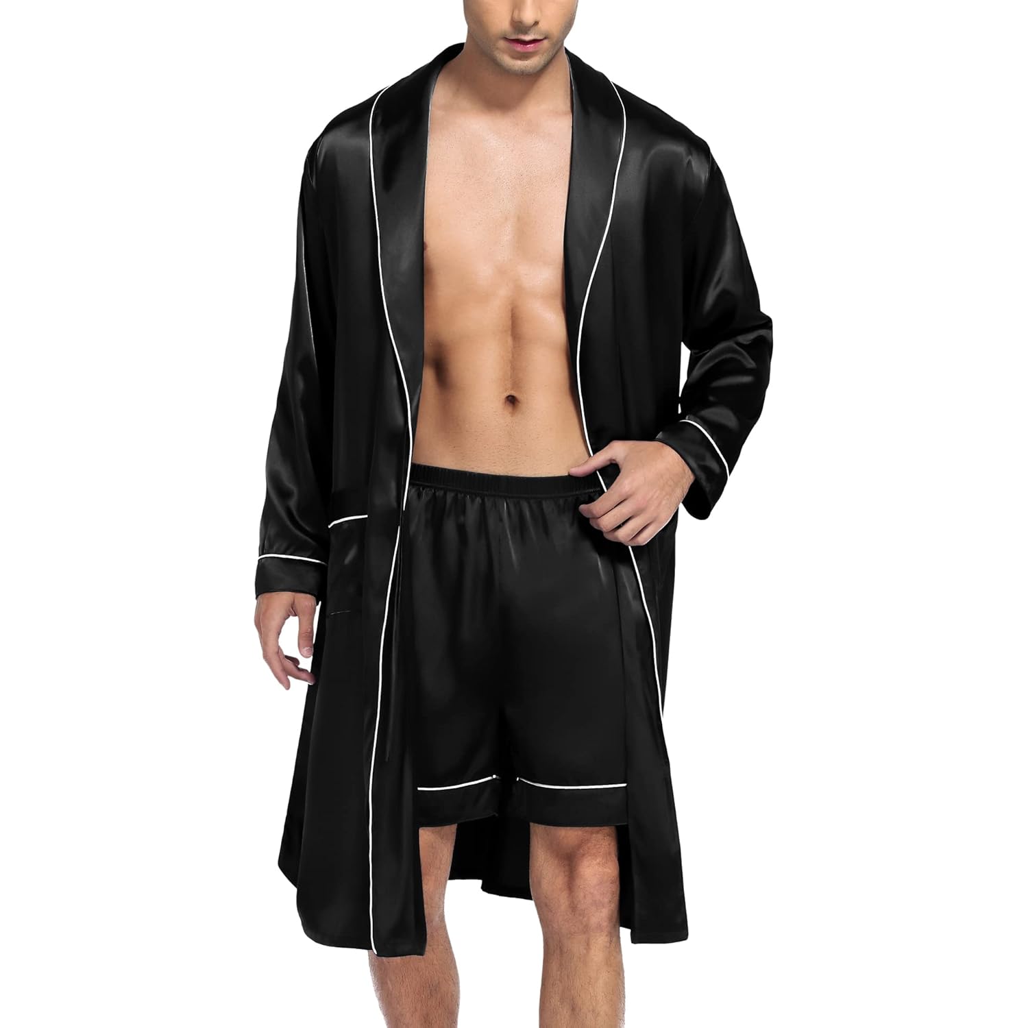 Swomog Men'S Satin Robe Silky Kimono Bathrobe With Shorts Set Lightweight Soft Loungewear Nightwear