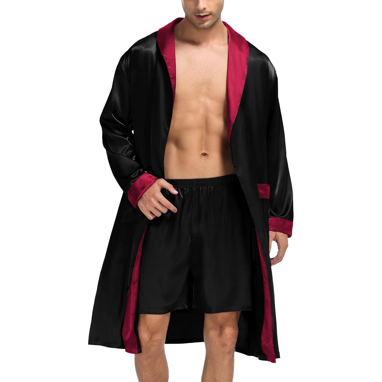 Swomog Men'S Satin Robe With Shorts Set Silky Kimono Bathrobe Lightweight Soft Sleepwear
