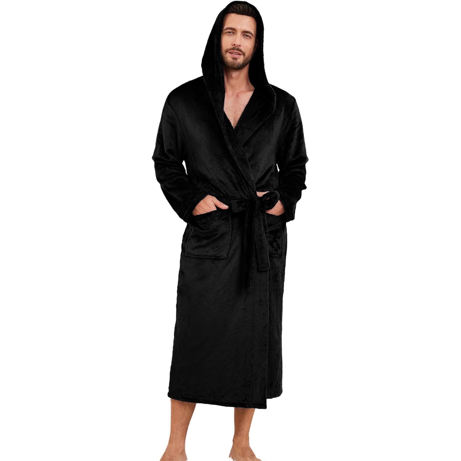 Mens Hooded Fleece Robe, Lightweight Soft Warm Fleece Bathrobe Shower Spa Long Robe With Pockets