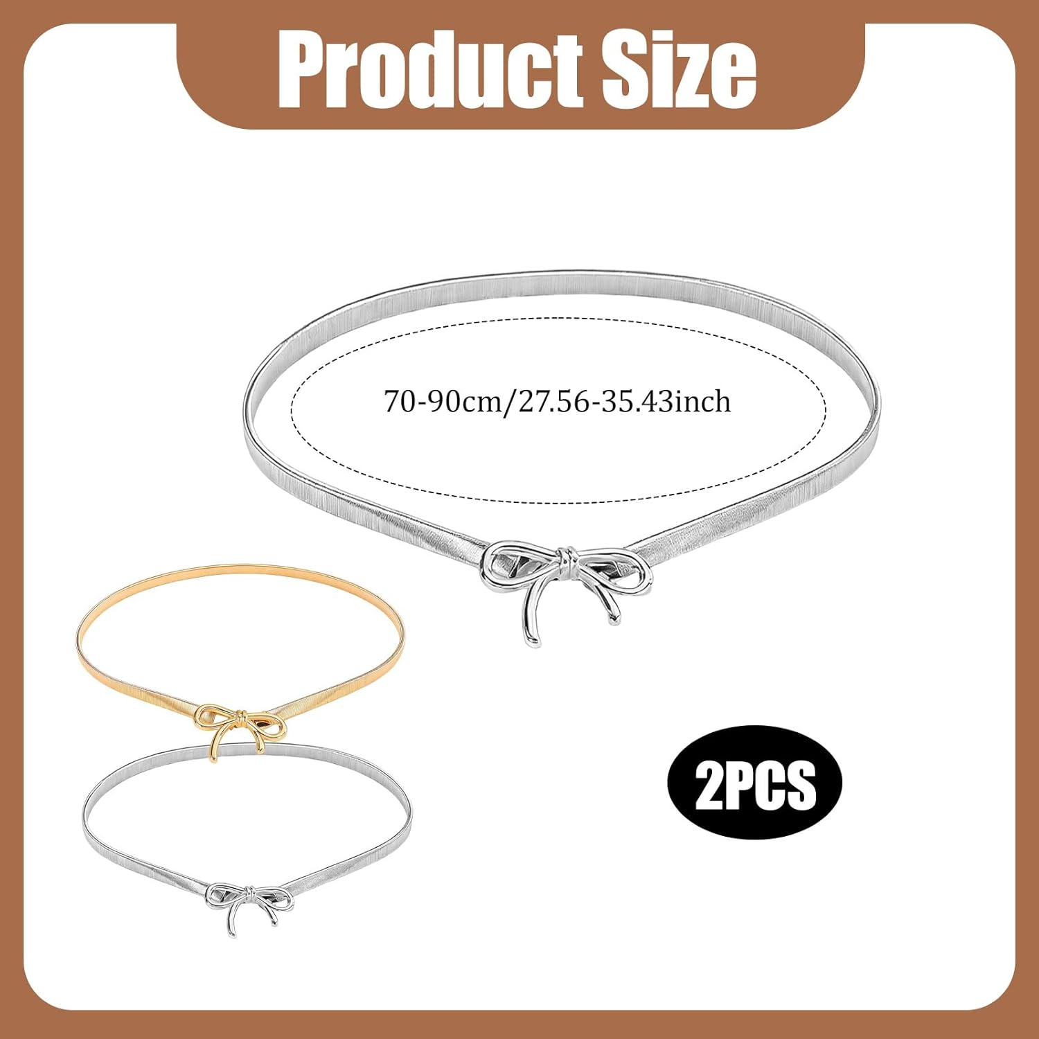 2 Pack Skinny Elastic Waist Belts With Bow Buckle For Women