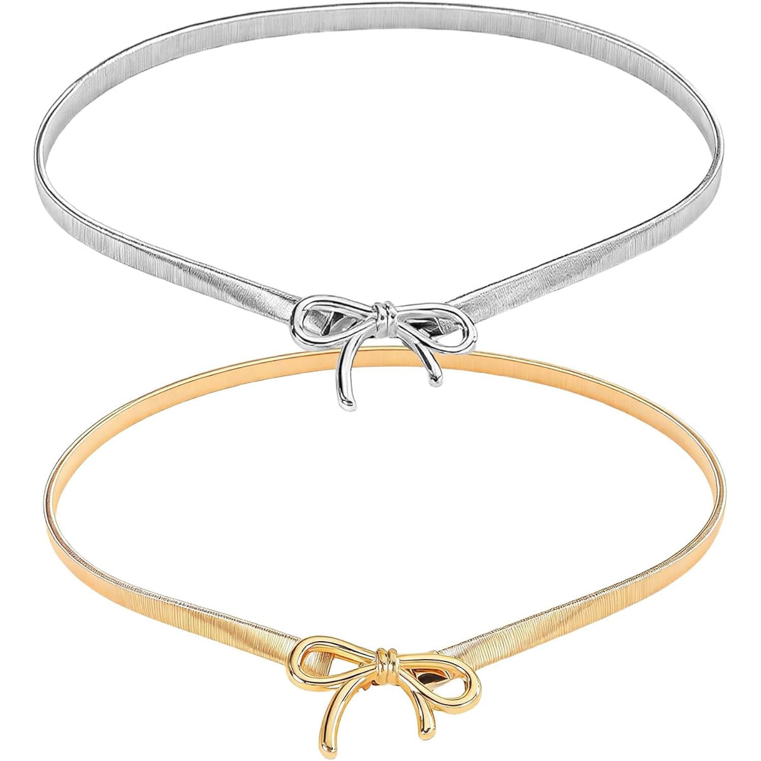 2 Pack Skinny Elastic Waist Belts With Bow Buckle For Women