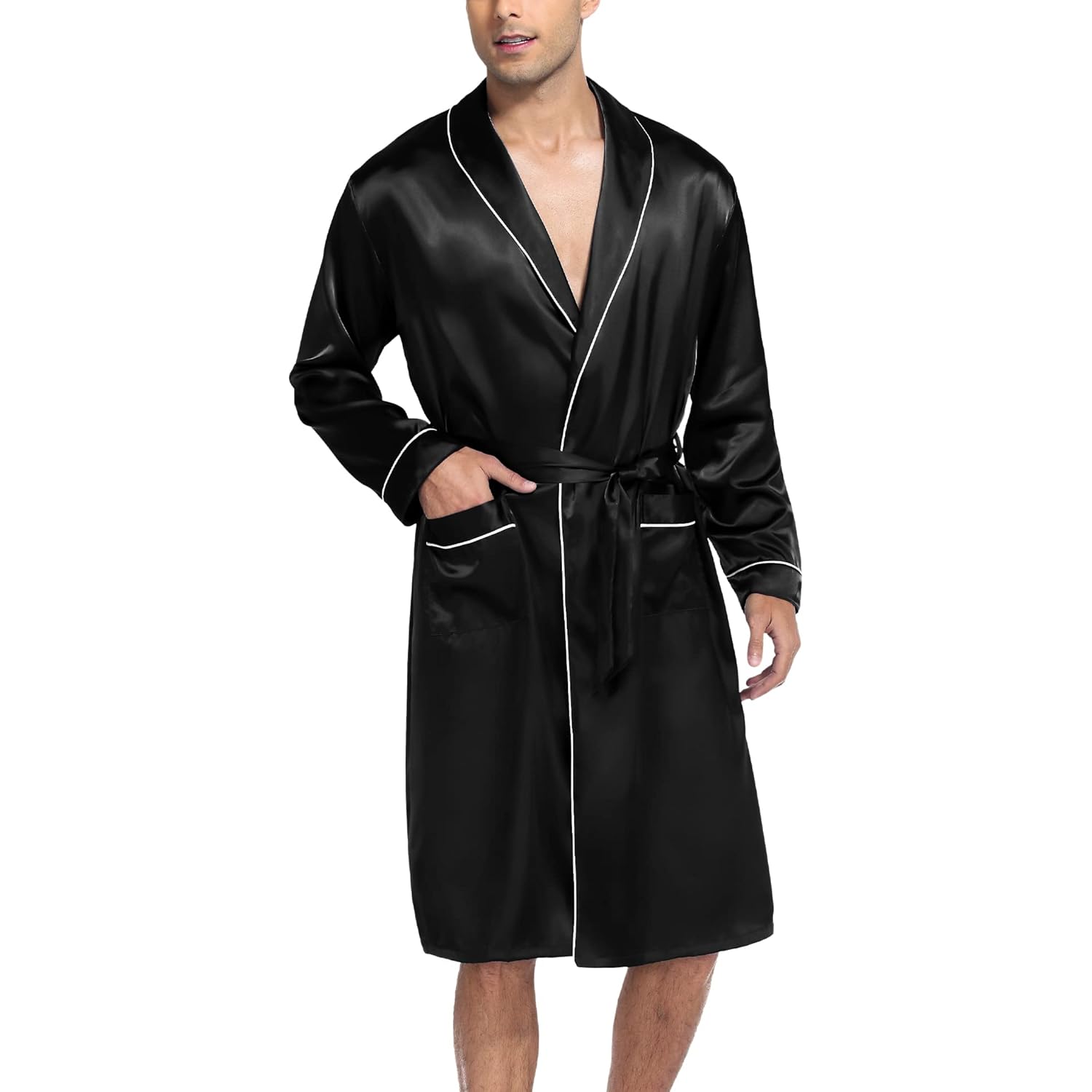 Swomog Men'S Satin Robe Silky Kimono Bathrobe With Shorts Set Lightweight Soft Loungewear Nightwear