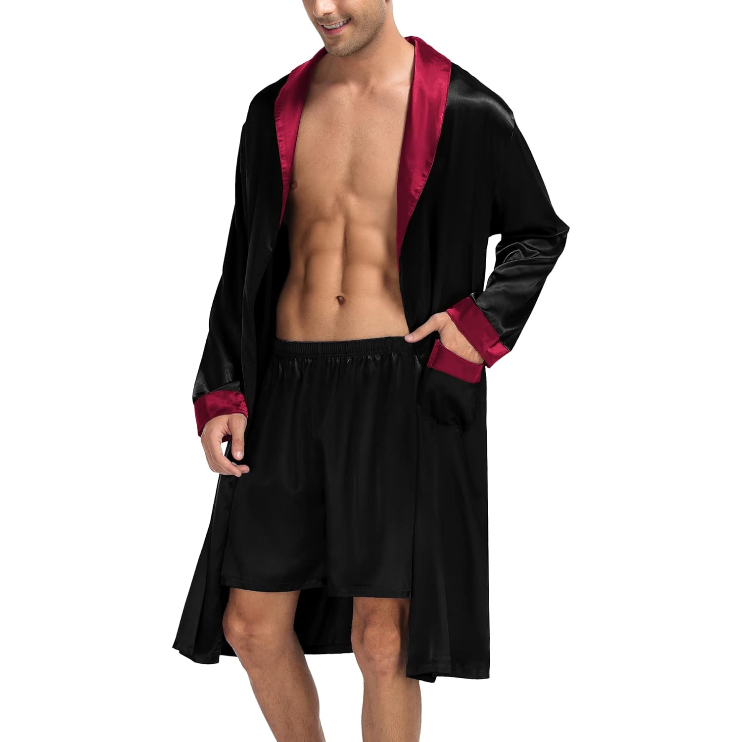 Swomog Men'S Satin Robe With Shorts Set Silky Kimono Bathrobe Lightweight Soft Sleepwear