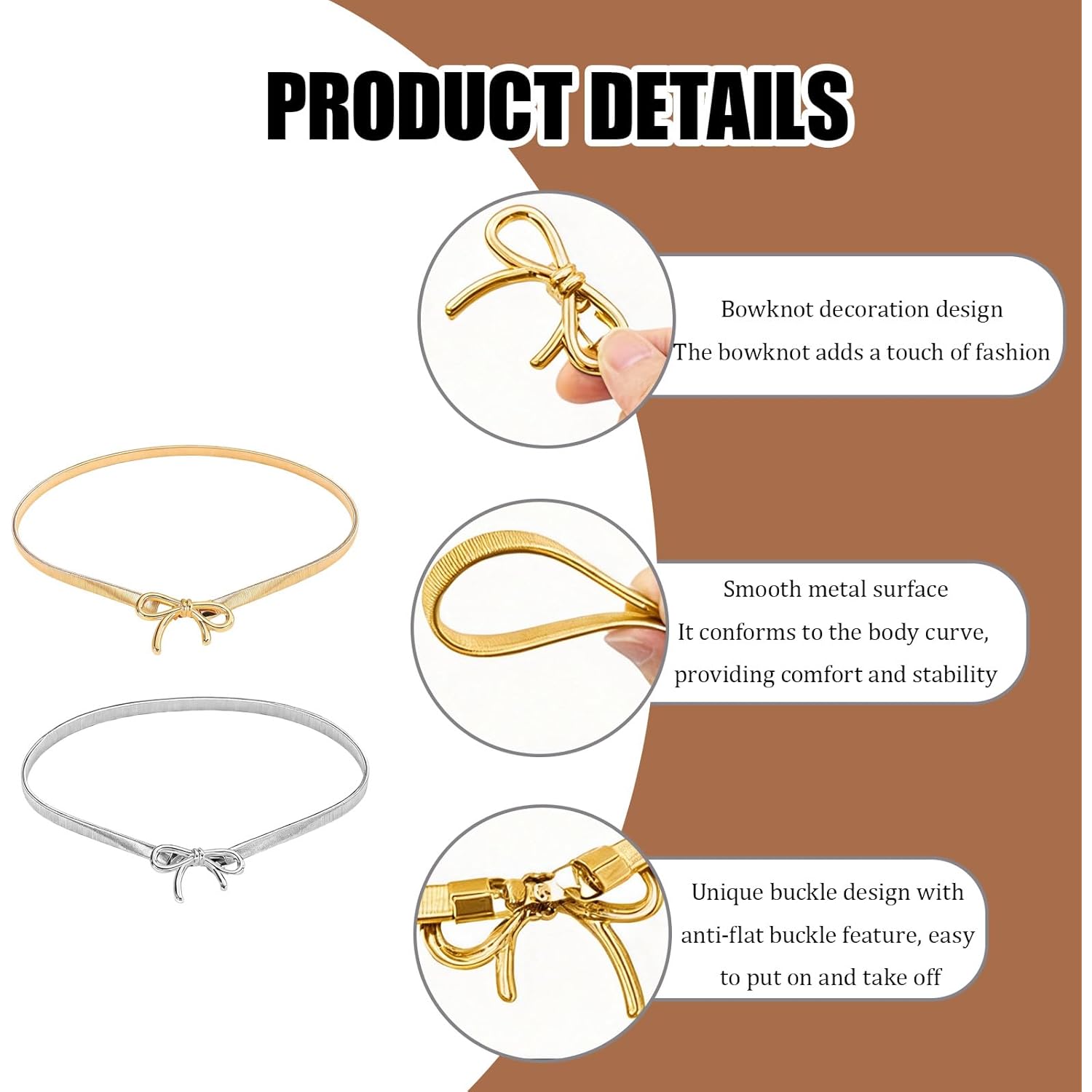 2 Pack Skinny Elastic Waist Belts With Bow Buckle For Women