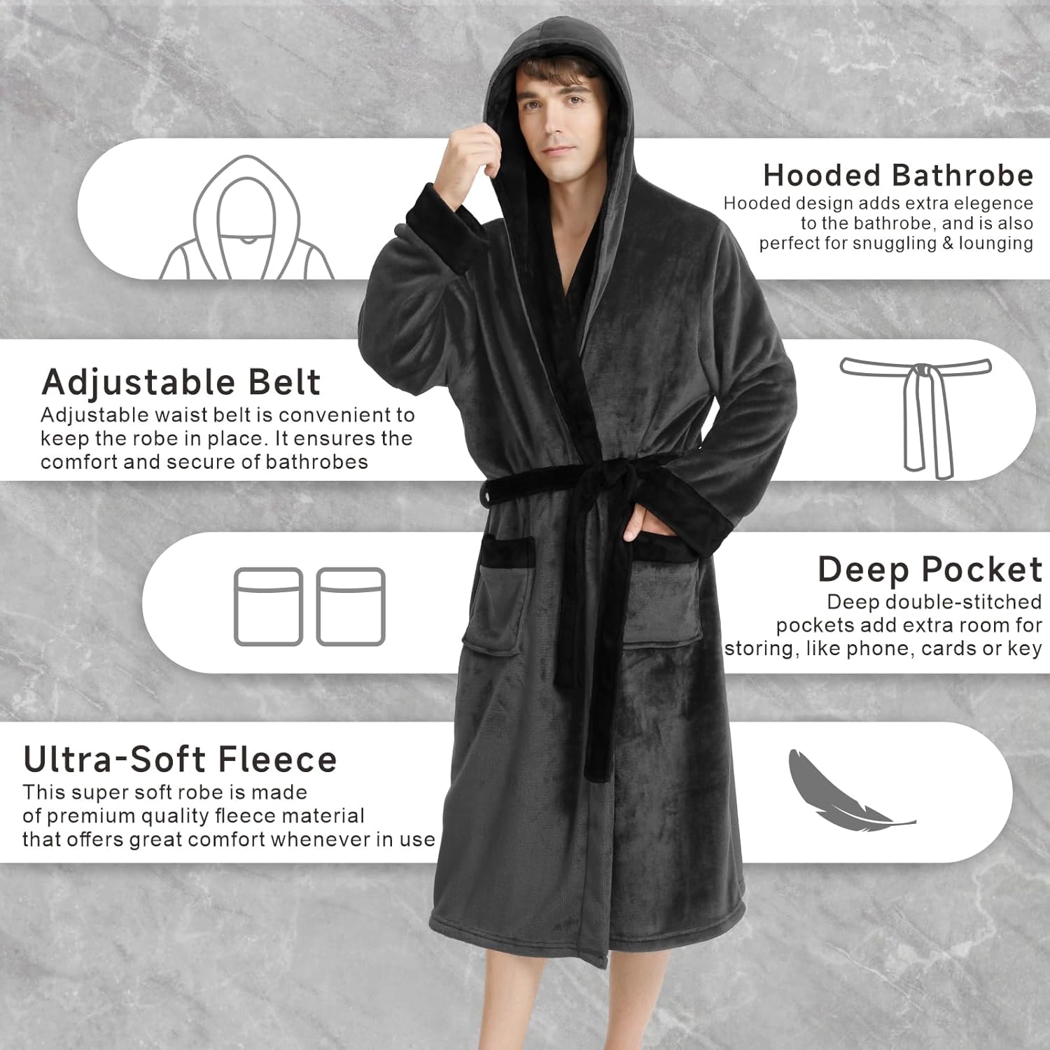 Yurhap Luxury Mens Robe With Hood, Ultra Cozy Fleece Bathrobe For Men, Plush Hooded Robe With Belt & 2 Pockets