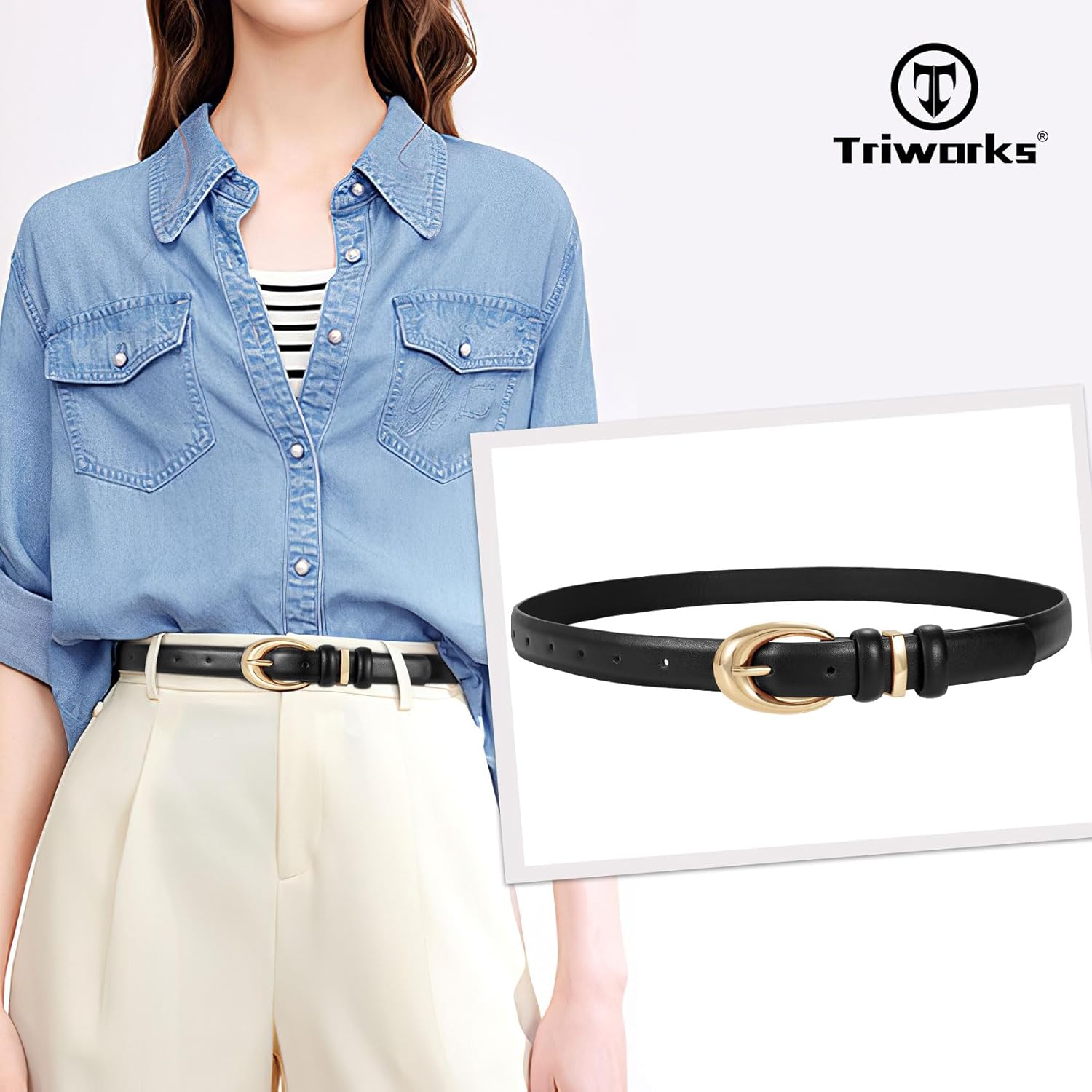 Triworks 2 Pack Women’s Skinny Faux Leather Belt With Gold Buckle