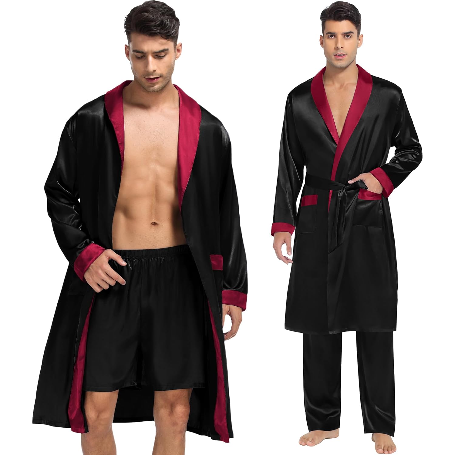 Swomog Men'S 3 Pcs Robe Silk Satin Kimono Bathrobe With Shorts&Pants Set Lightweight Soft Sleepwear
