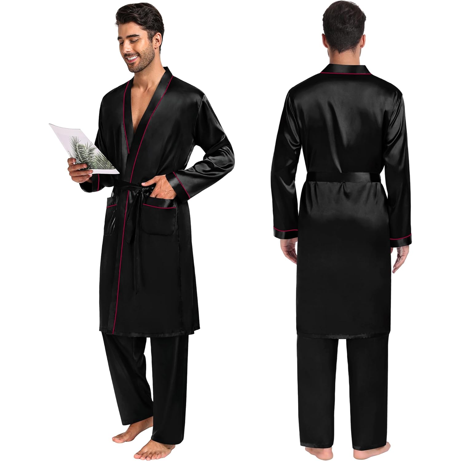 Swomog Mens 3 Pcs Satin Robe With Pants & Shorts Set Kimono Bathrobe Long Sleeve Sleepwear Pjs Sets With Pockets