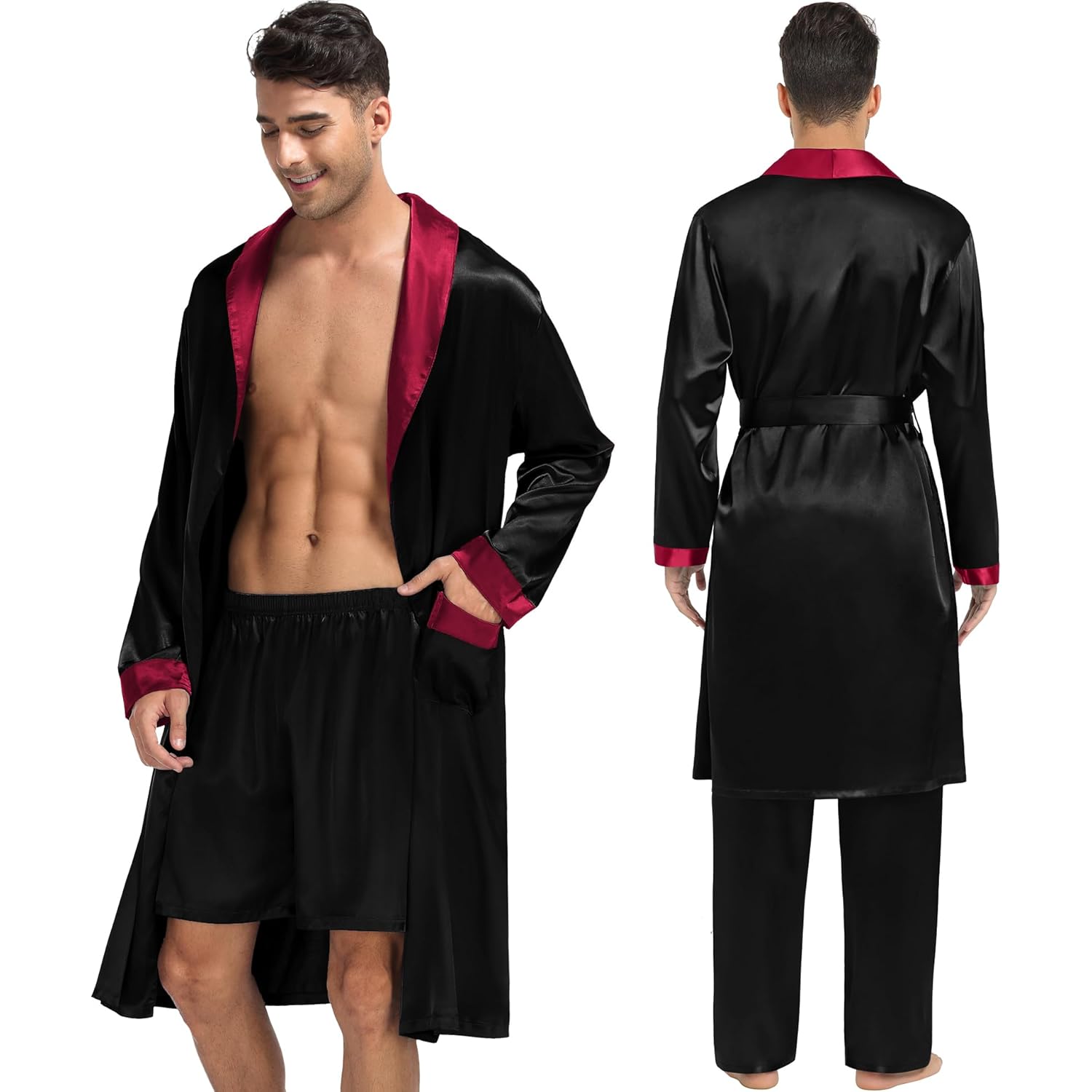 Swomog Men'S 3 Pcs Robe Silk Satin Kimono Bathrobe With Shorts&Pants Set Lightweight Soft Sleepwear