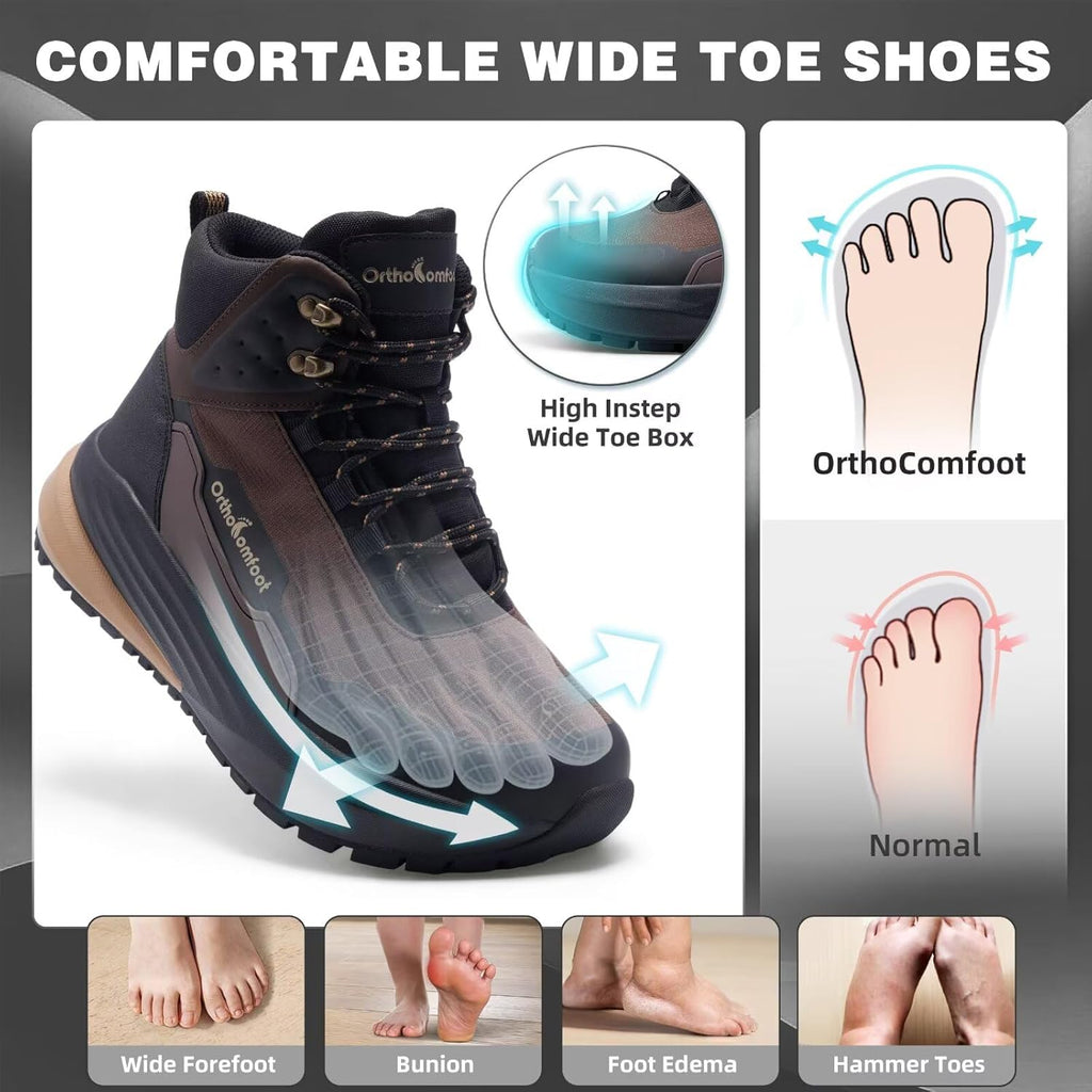 Men'S Orthopedic Wide Waterproof Hiking Boots: Comfortable Plantar Fasciitis Arch Support Diabetic Walking Trekking Running Shoes, Orthotic Non Slip Adventures Mid Ankle Boots For Foot Pain Relief