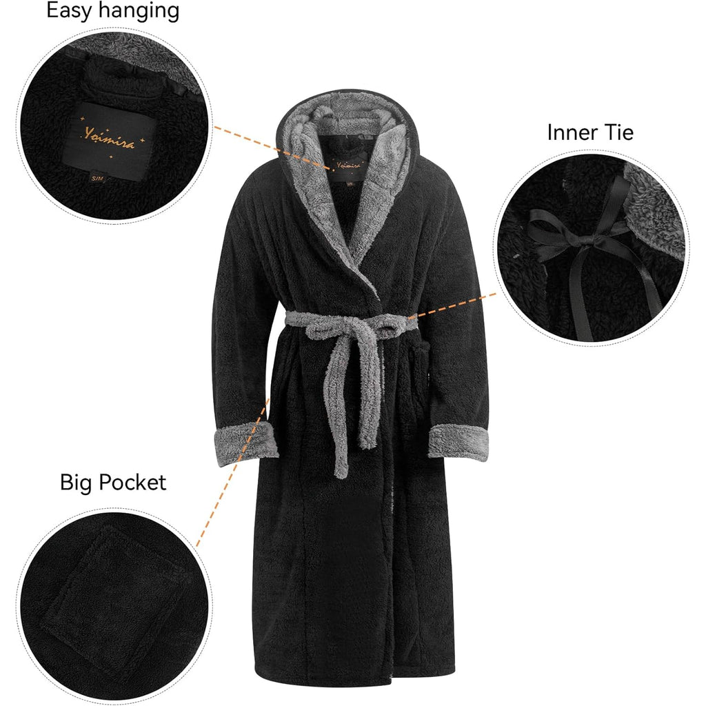 Yoimira Mens Robe With Hood, Big And Tall Plush Fleece Long Robe For Men Full-Length Bathrobe Cozy And Warm With Pockets