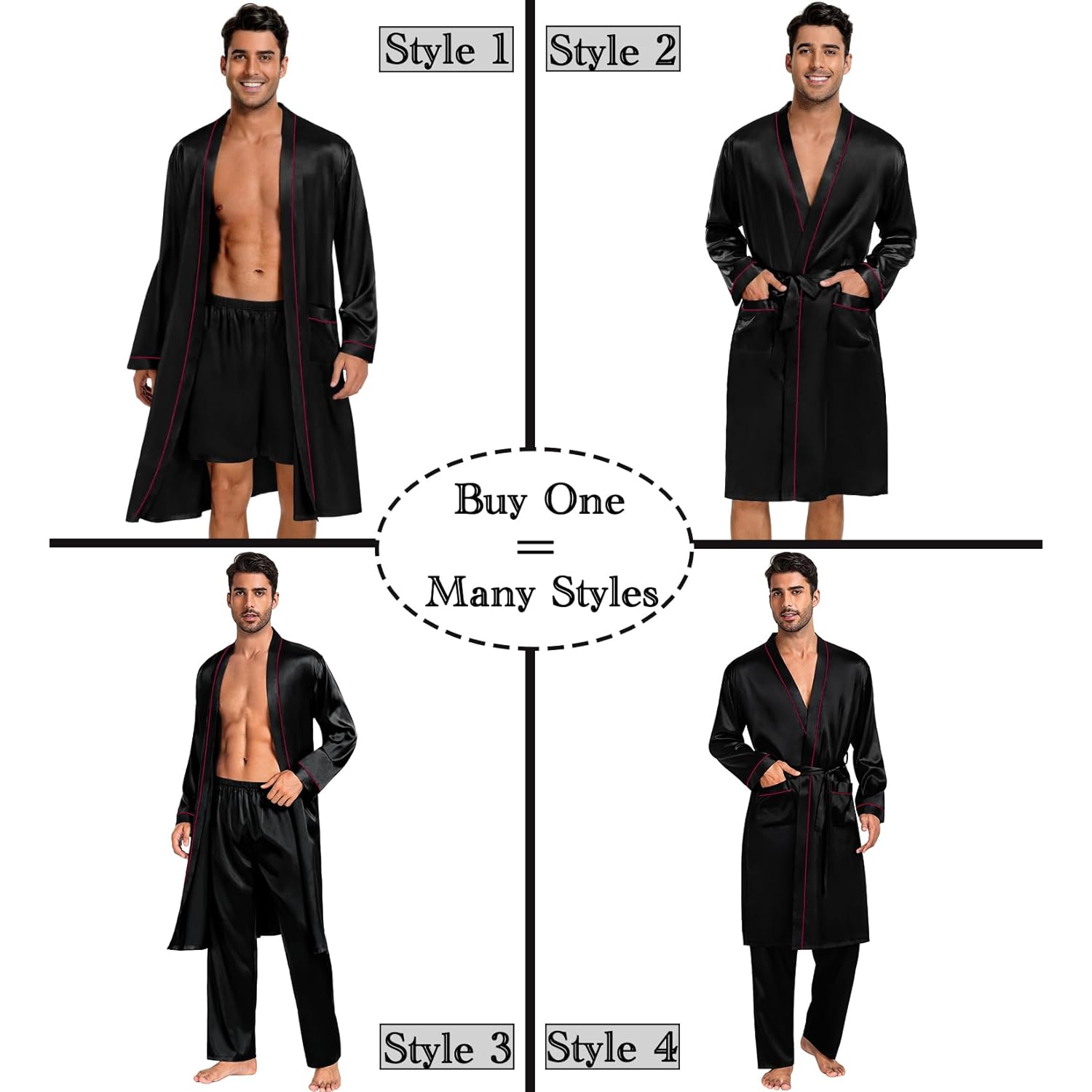 Swomog Mens 3 Pcs Satin Robe With Pants & Shorts Set Kimono Bathrobe Long Sleeve Sleepwear Pjs Sets With Pockets