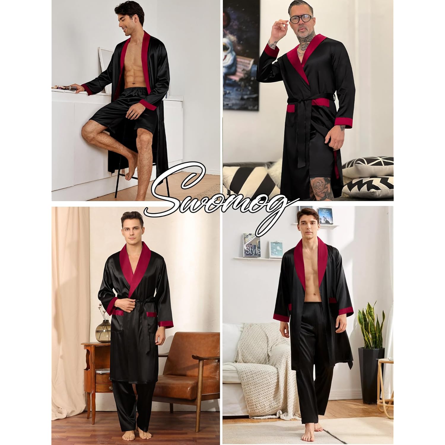 Swomog Men'S 3 Pcs Robe Silk Satin Kimono Bathrobe With Shorts&Pants Set Lightweight Soft Sleepwear