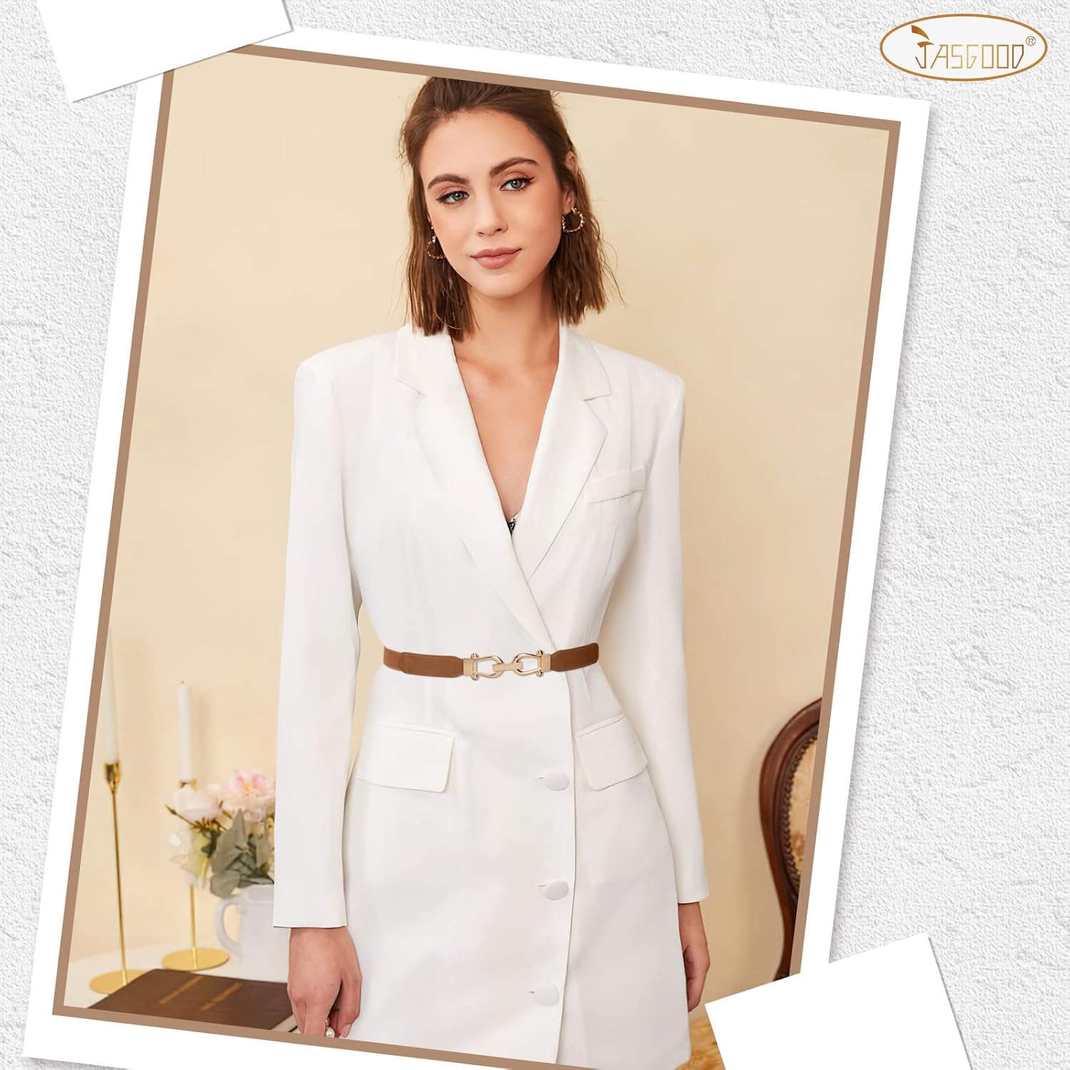 Jasgood Women’s Stretchy Elastic Skinny Waist Belt With Gold Buckle