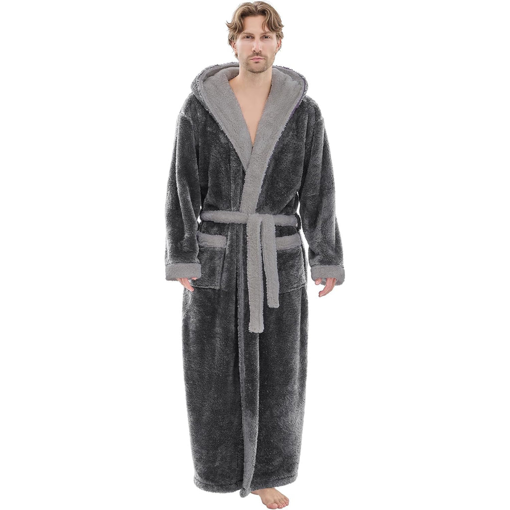 Mens Plush Robes Full Length, Big And Tall Fleece Hooded Bathrobe Warm Fluffy Cozy Winter Housecoat Floor Length