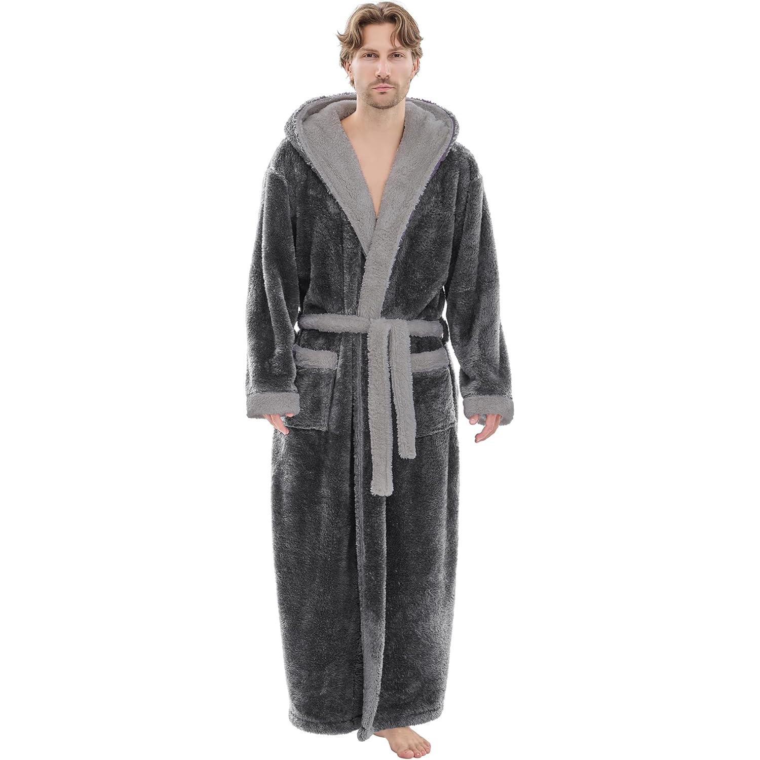 Mens Plush Robes Full Length, Big And Tall Fleece Hooded Bathrobe Warm Fluffy Cozy Winter Housecoat Floor Length