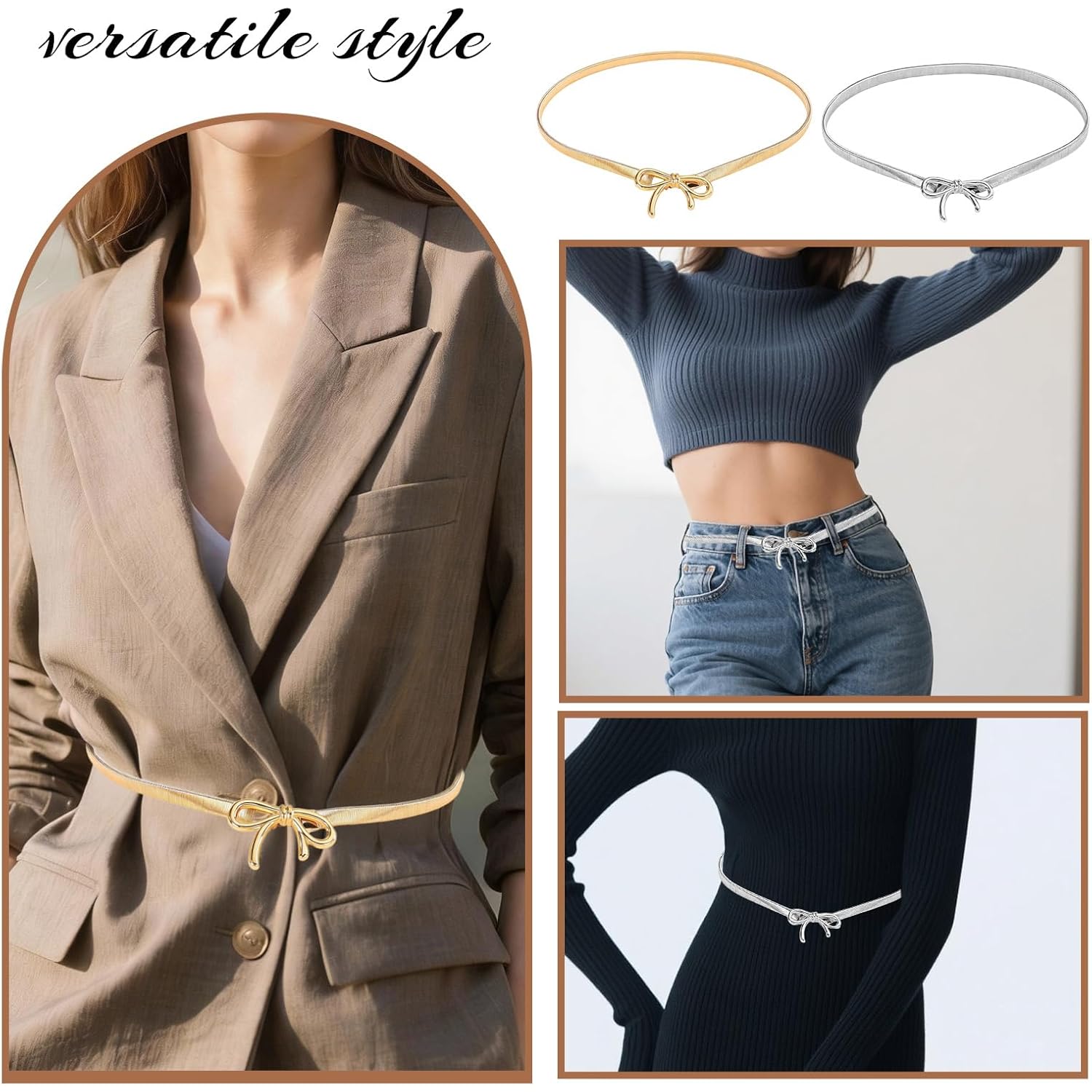 2 Pack Skinny Elastic Waist Belts With Bow Buckle For Women