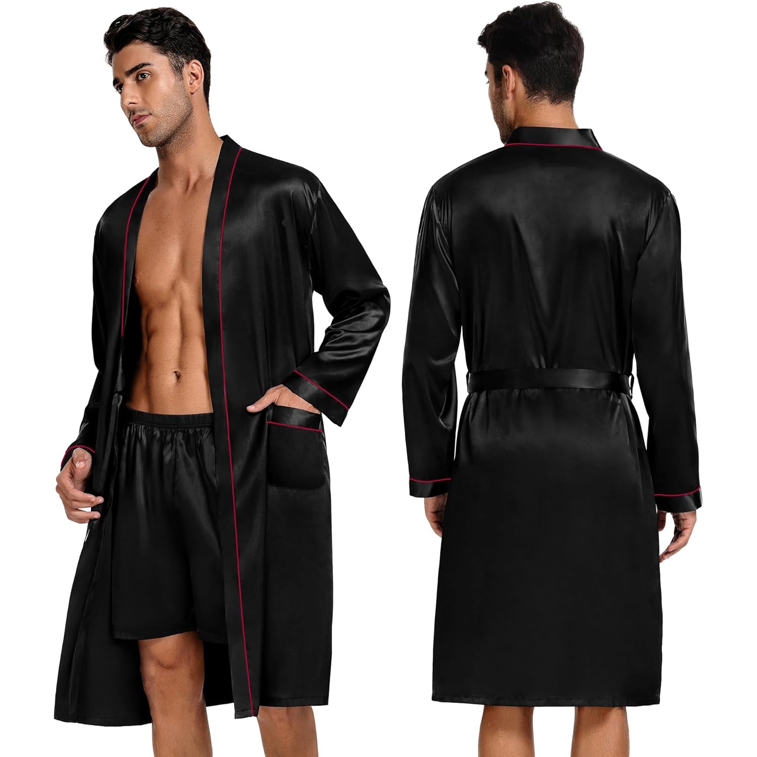 Swomog Mens 3 Pcs Satin Robe With Pants & Shorts Set Kimono Bathrobe Long Sleeve Sleepwear Pjs Sets With Pockets