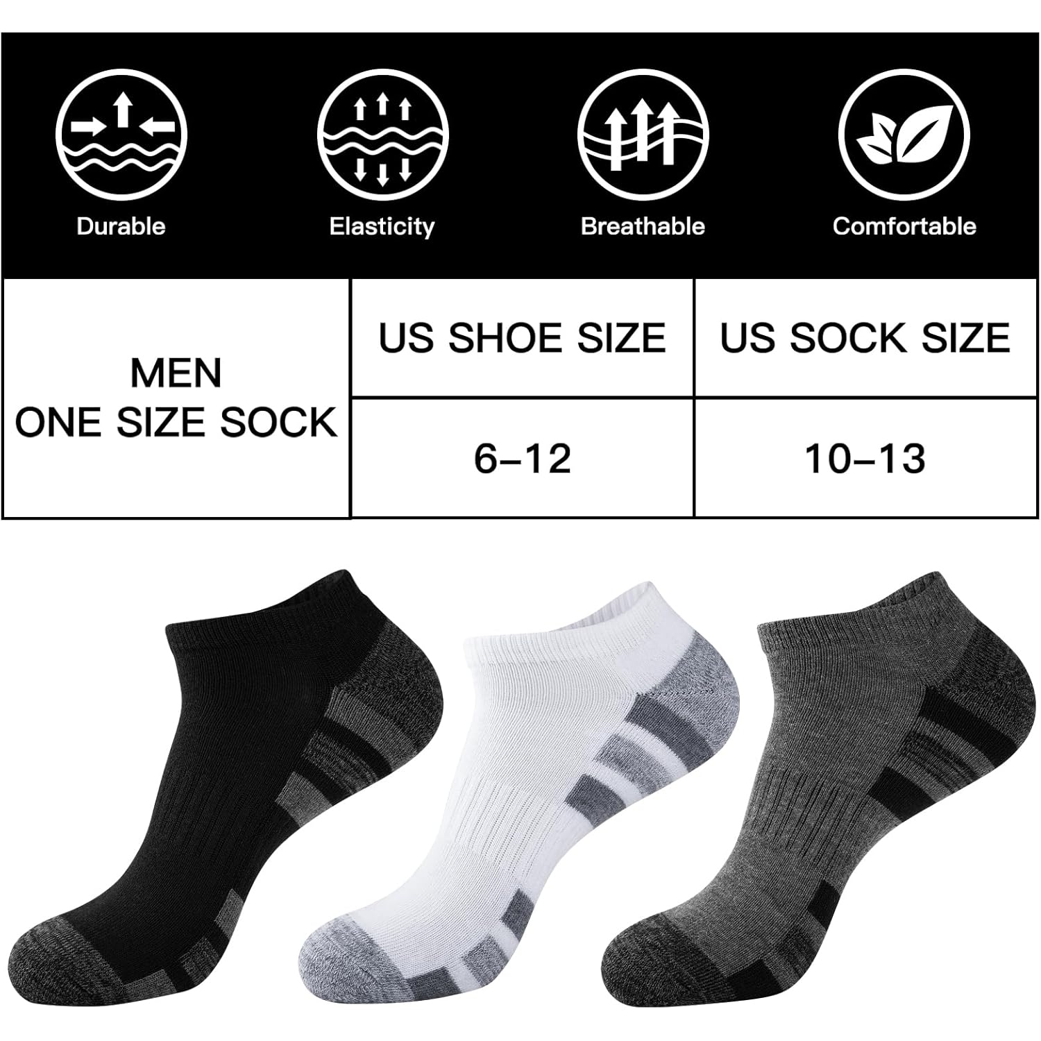 Coovan 12 Pack Mens Ankle Socks Low Cut Cushioned Comfort Breathable Casual Socks 12 Pairs