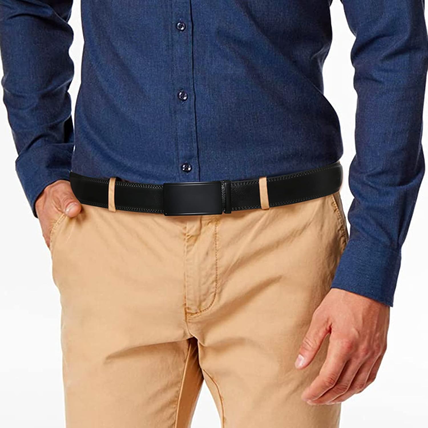 Sendefn Men'S Leather Belt Automatic Ratchet Buckle Slide Belt For Dress Casual Trim To Fit With Gift Box