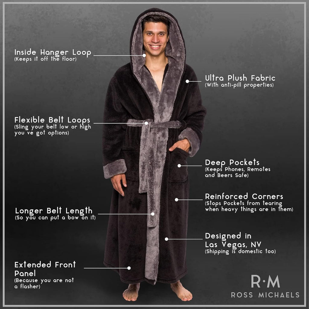 Ross Michaels Mens Luxury Robe Hooded Big And Tall - Long Plush Fleece Bath Robe With Hood And Pockets- Gift Men And Teens