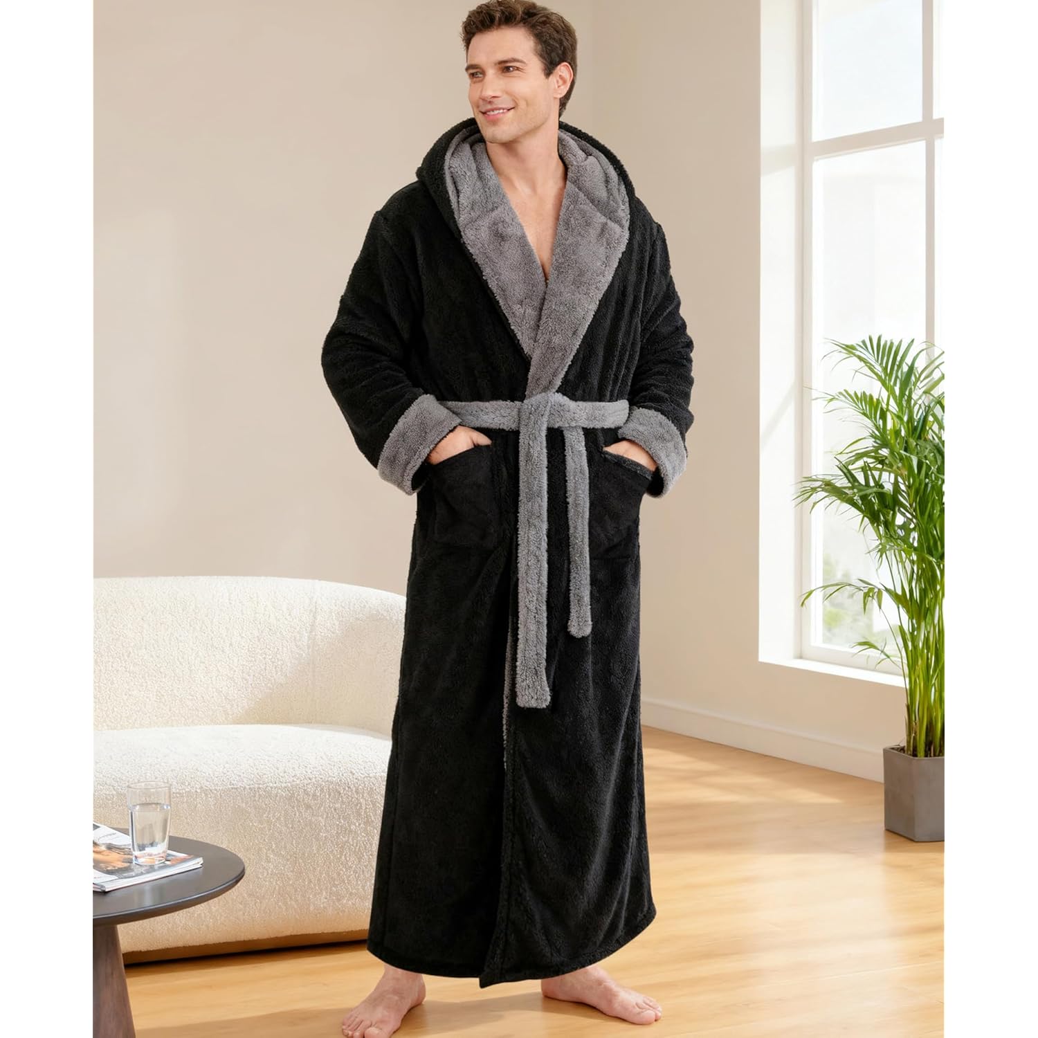 Yoimira Mens Robe With Hood, Big And Tall Plush Fleece Long Robe For Men Full-Length Bathrobe Cozy And Warm With Pockets