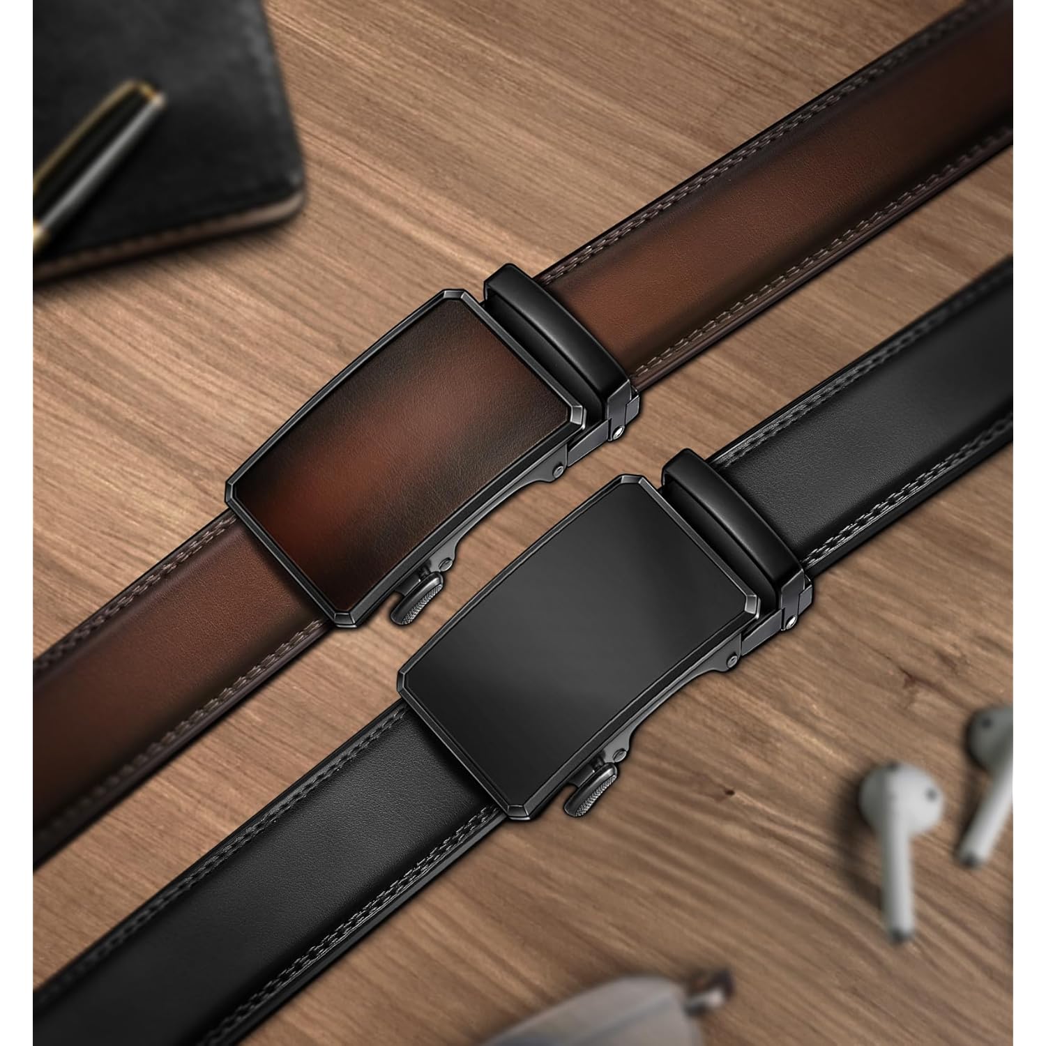 Kemisant Men Belt 2 Pack, Leather Ratchet Belt Easy Click Slide For Men 1 3/8",Cut For Fit