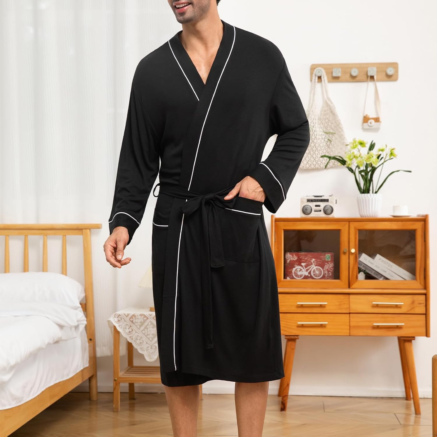 Mens Lightweight Robe Cotton Blend Kimono Bathrobe With Pockets, Soft Breathable Absorbent Loungewear For Home