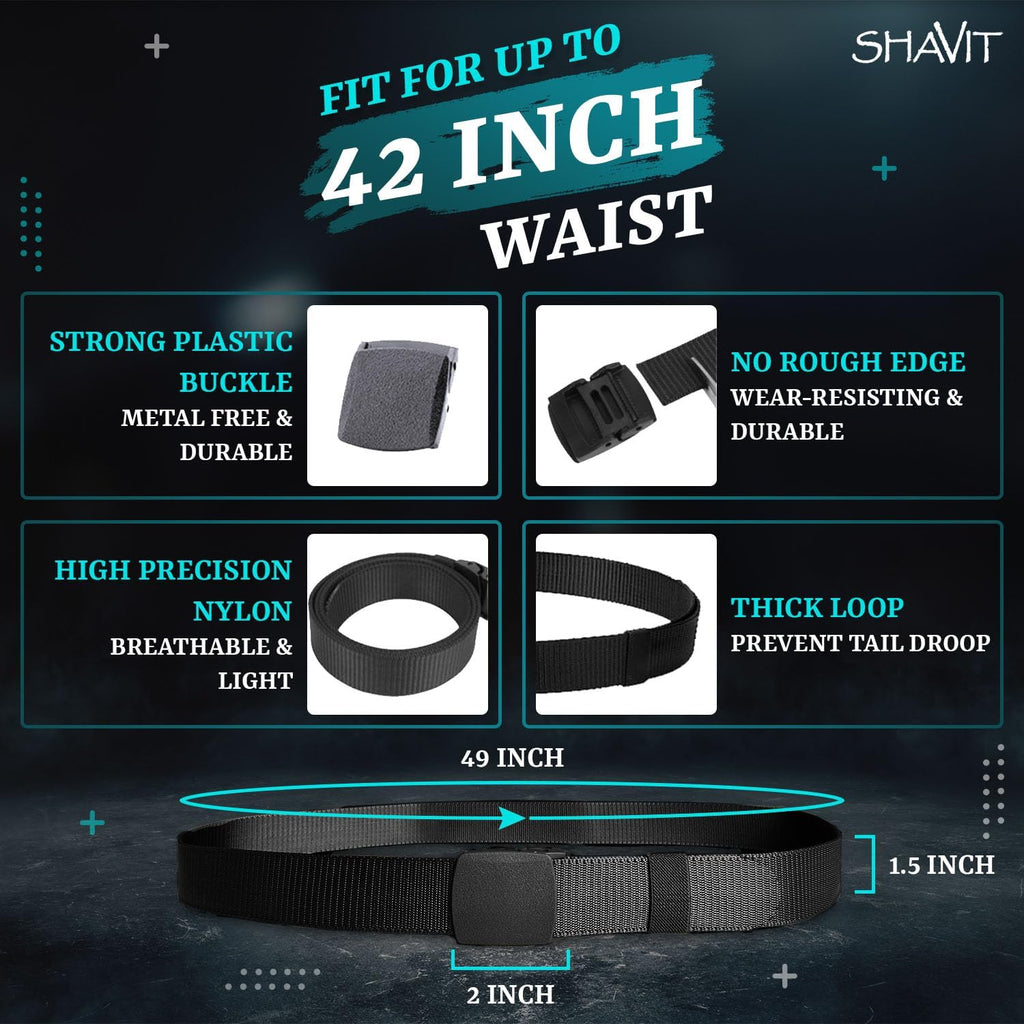 Shavit Mens Nylon Belt With Plastic Buckle, Work Web Belt For Men, Casual Adjustable Military Canvas Belts, Tsa Approved - Nickel Free - Non Metal Airport Friendly, Tsa Plastic Belts For Men Black