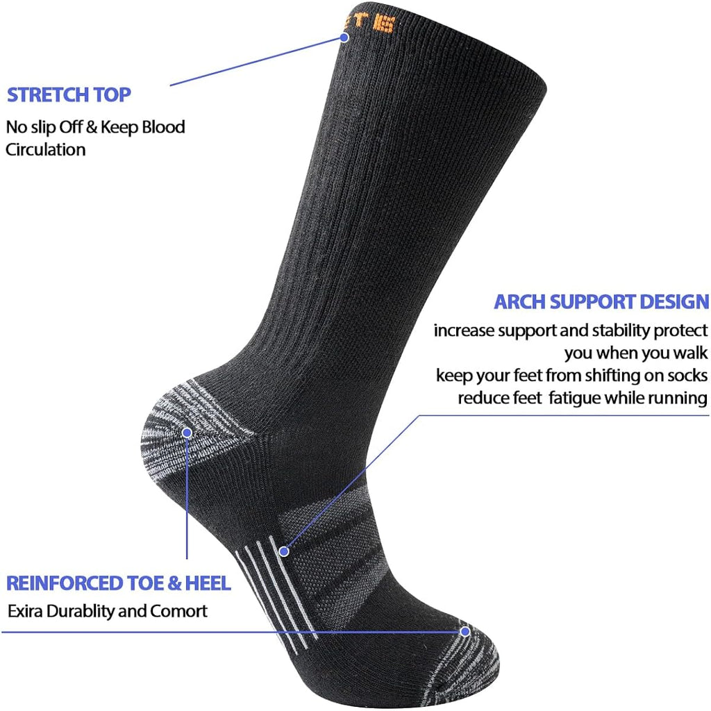 Joynée 5/10 Pairs Mens Lightweight Athletic Crew Cushioned Breathable Work High Calf Long Boot Socks