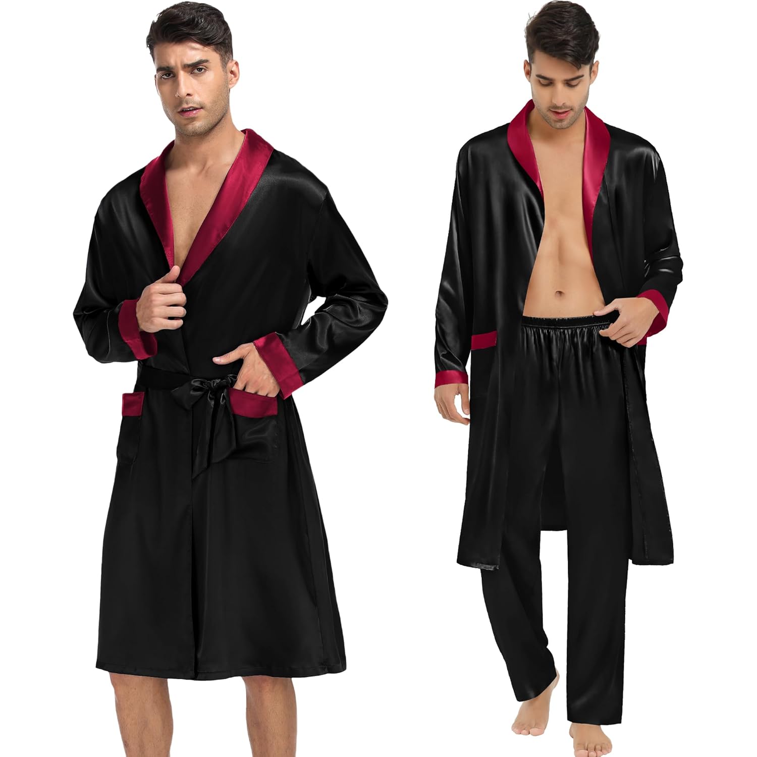 Swomog Men'S 3 Pcs Robe Silk Satin Kimono Bathrobe With Shorts&Pants Set Lightweight Soft Sleepwear