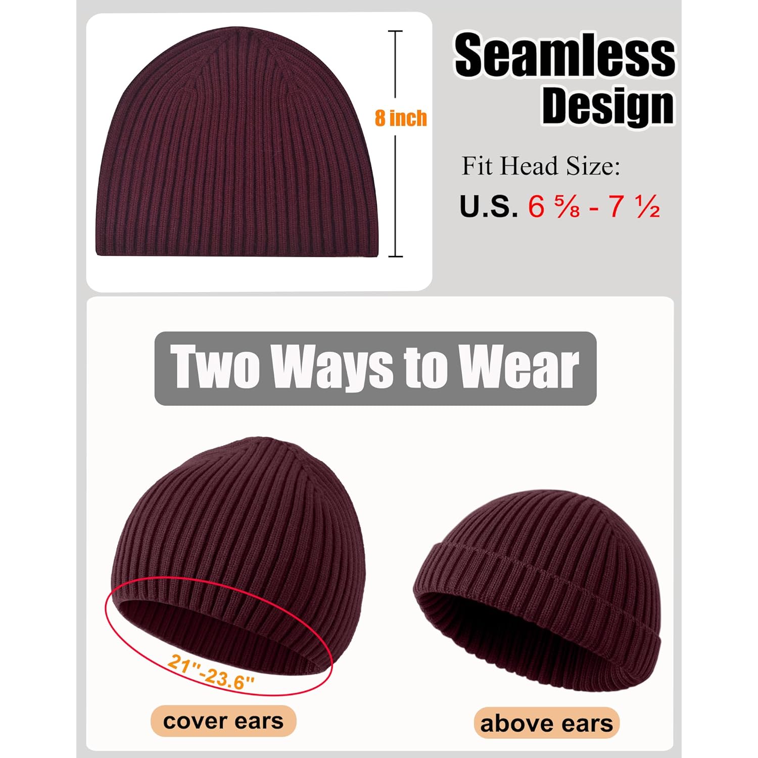 Roybens Wool Beanie For Men Women, Seamless Knit Warm Winter Hat Cuffless Soft Trawler Fisherman Beanies Watch Cap Skull Caps