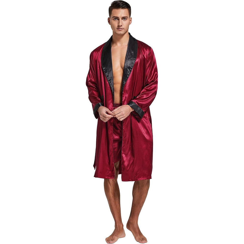 Tony & Candice Men'S Satin Robe Lightweight Long Sleeve Silk Kimono Bathrobe With Shorts Set Sleepwear