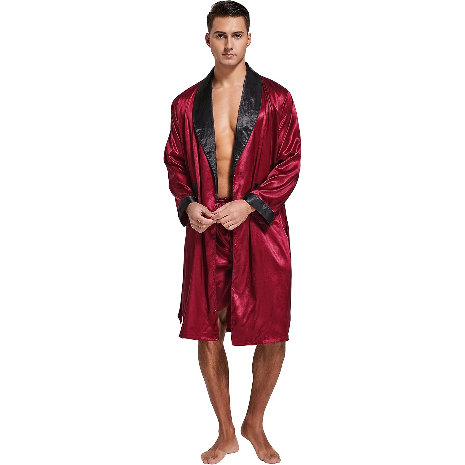 Tony & Candice Men'S Satin Robe Lightweight Long Sleeve Silk Kimono Bathrobe With Shorts Set Sleepwear