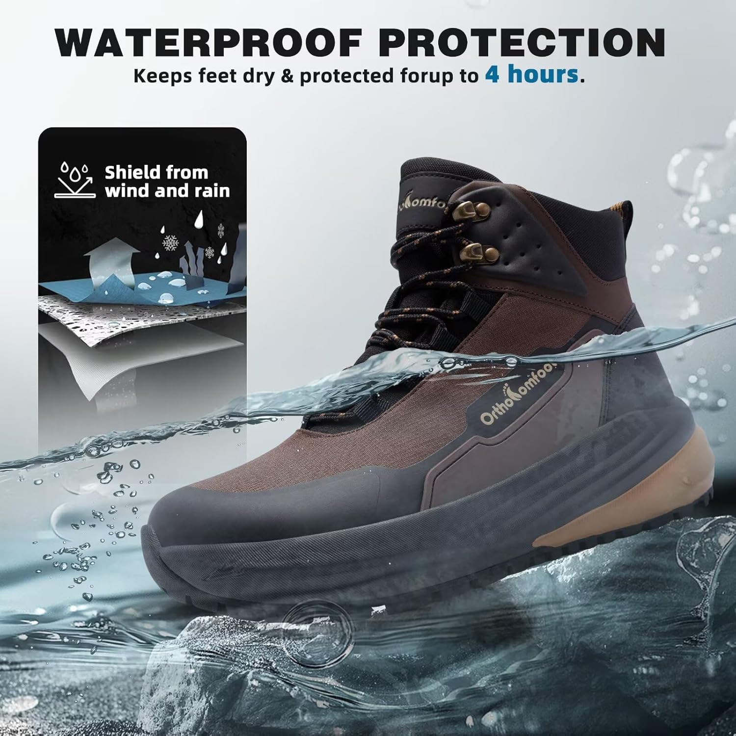 Men'S Orthopedic Wide Waterproof Hiking Boots: Comfortable Plantar Fasciitis Arch Support Diabetic Walking Trekking Running Shoes, Orthotic Non Slip Adventures Mid Ankle Boots For Foot Pain Relief