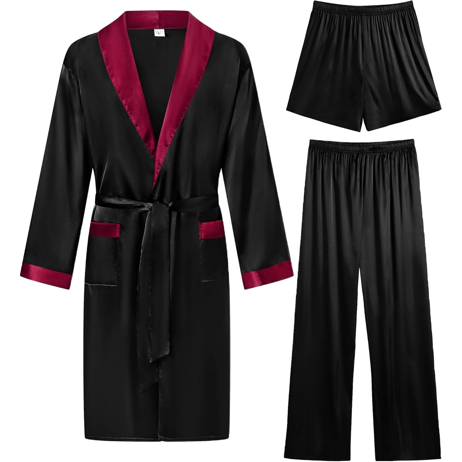 Swomog Men'S 3 Pcs Robe Silk Satin Kimono Bathrobe With Shorts&Pants Set Lightweight Soft Sleepwear
