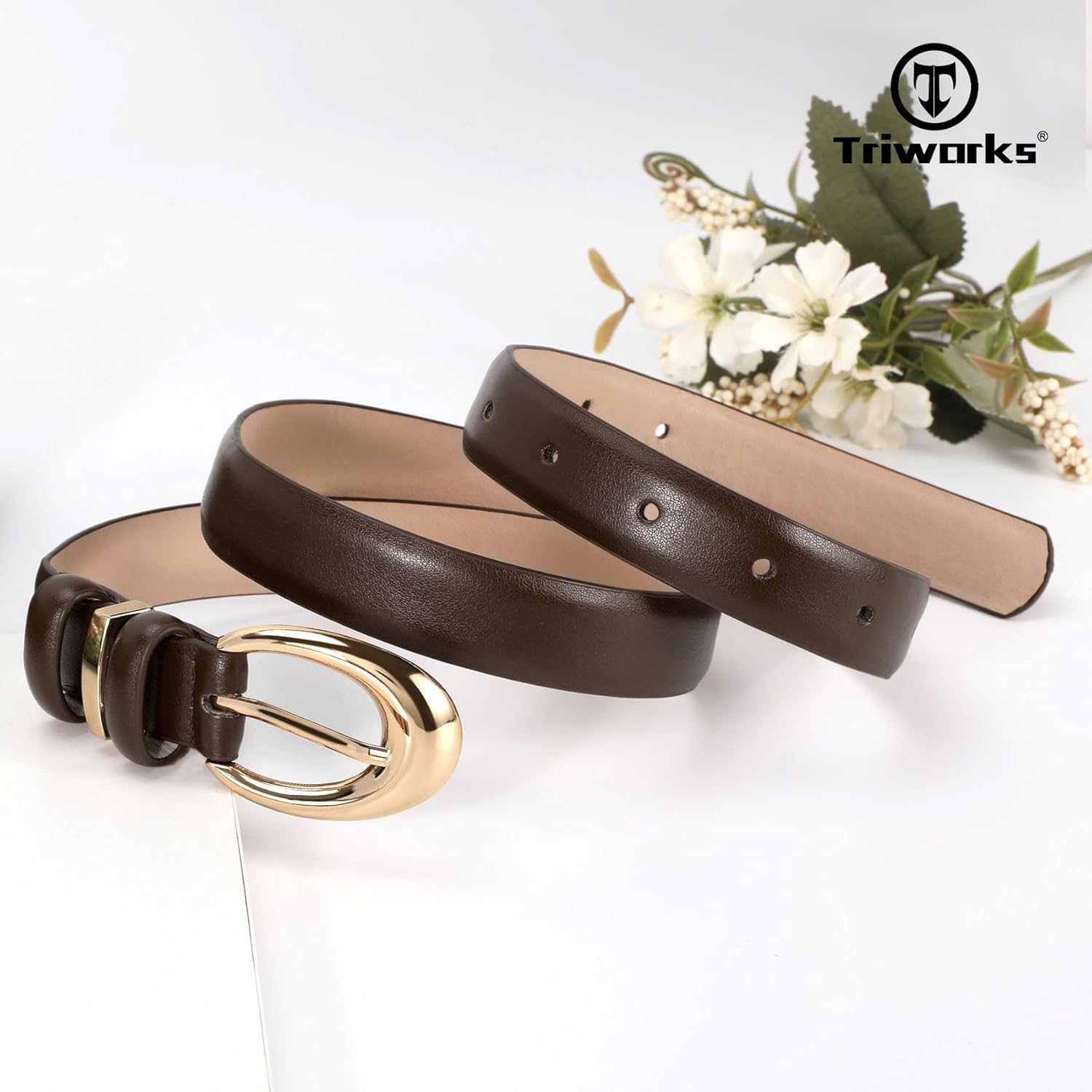 Triworks 2 Pack Women’s Skinny Faux Leather Belt With Gold Buckle