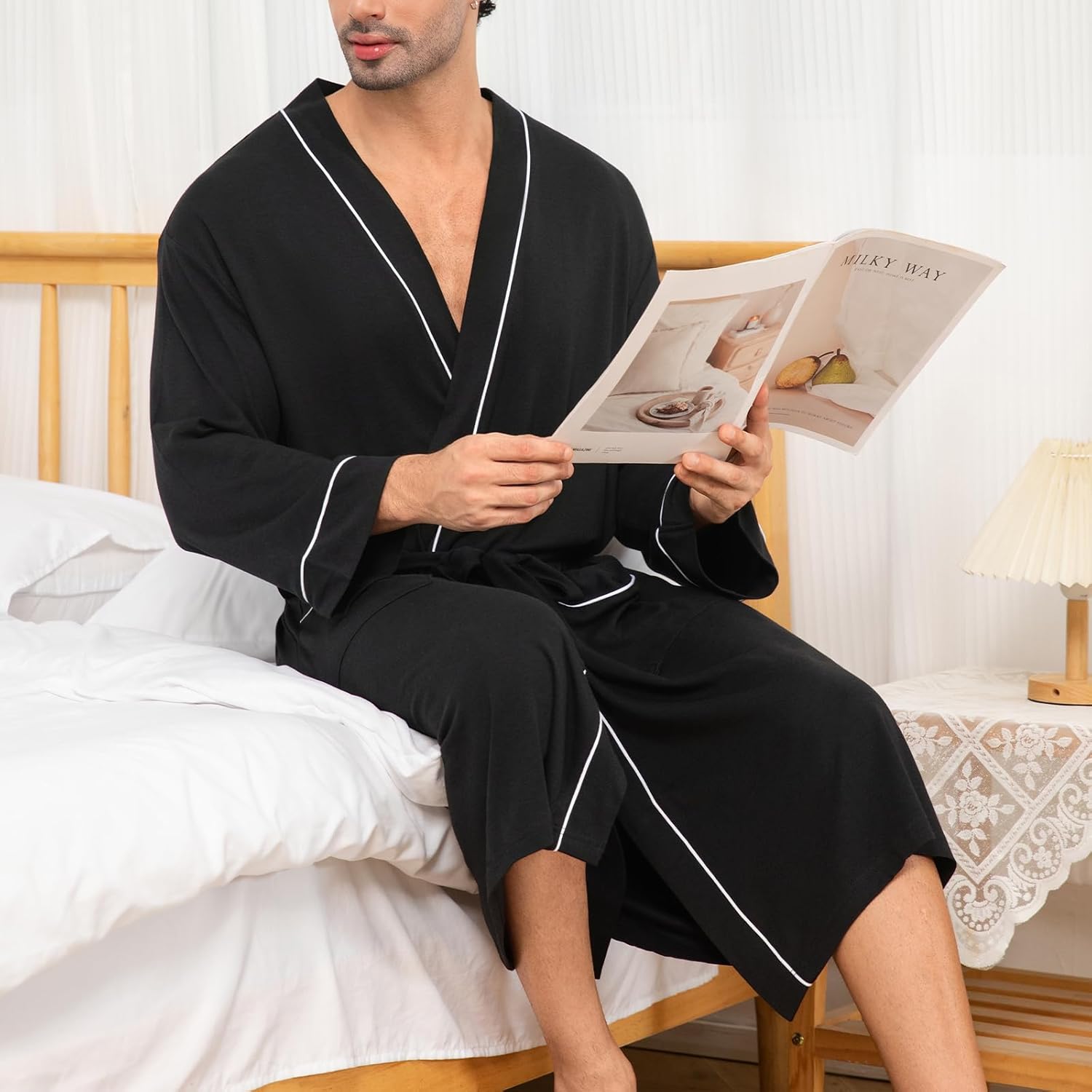 Mens Lightweight Robe Cotton Blend Kimono Bathrobe With Pockets, Soft Breathable Absorbent Loungewear For Home