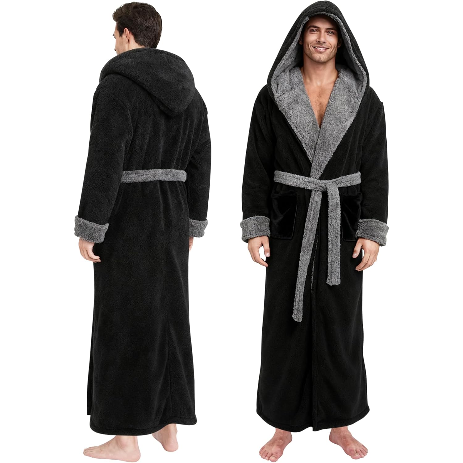 Yoimira Mens Robe With Hood, Big And Tall Plush Fleece Long Robe For Men Full-Length Bathrobe Cozy And Warm With Pockets