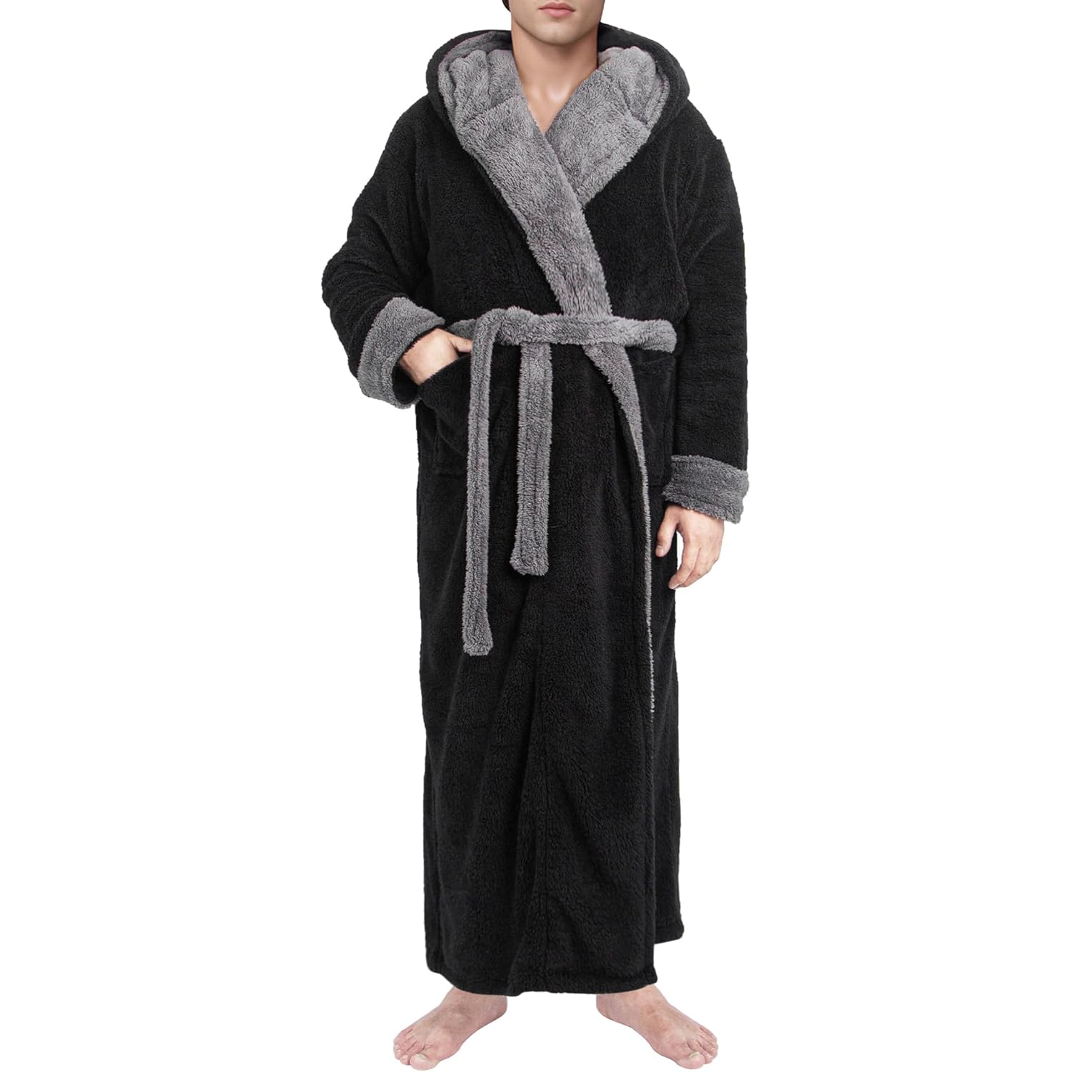 Yoimira Mens Robe With Hood, Big And Tall Plush Fleece Long Robe For Men Full-Length Bathrobe Cozy And Warm With Pockets