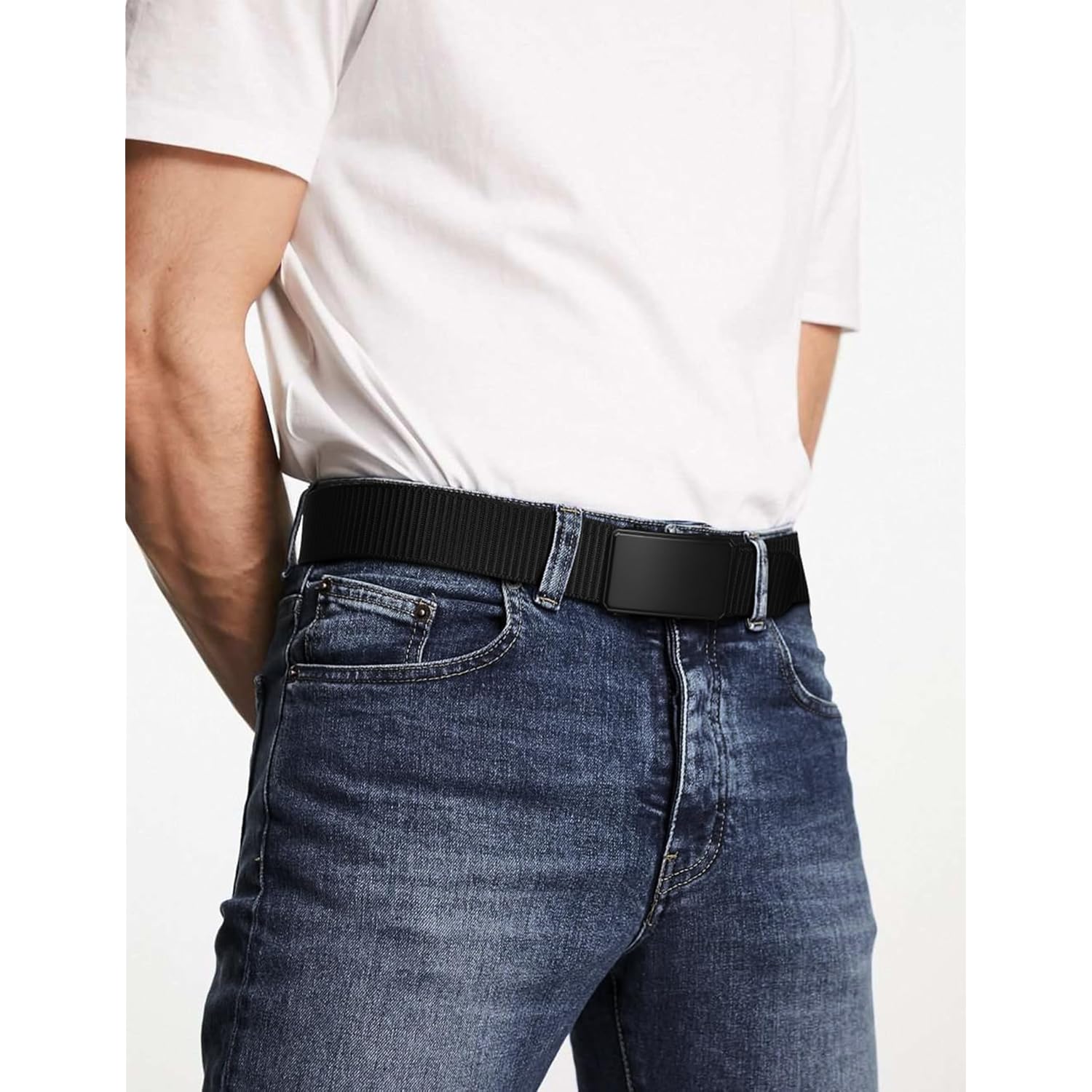 Jukmo Men'S 1.5" Nylon Ratchet Belt, Casual Web Click Belt With Slide Buckle For Jeans, No Holes Adjustable Trim To Fit