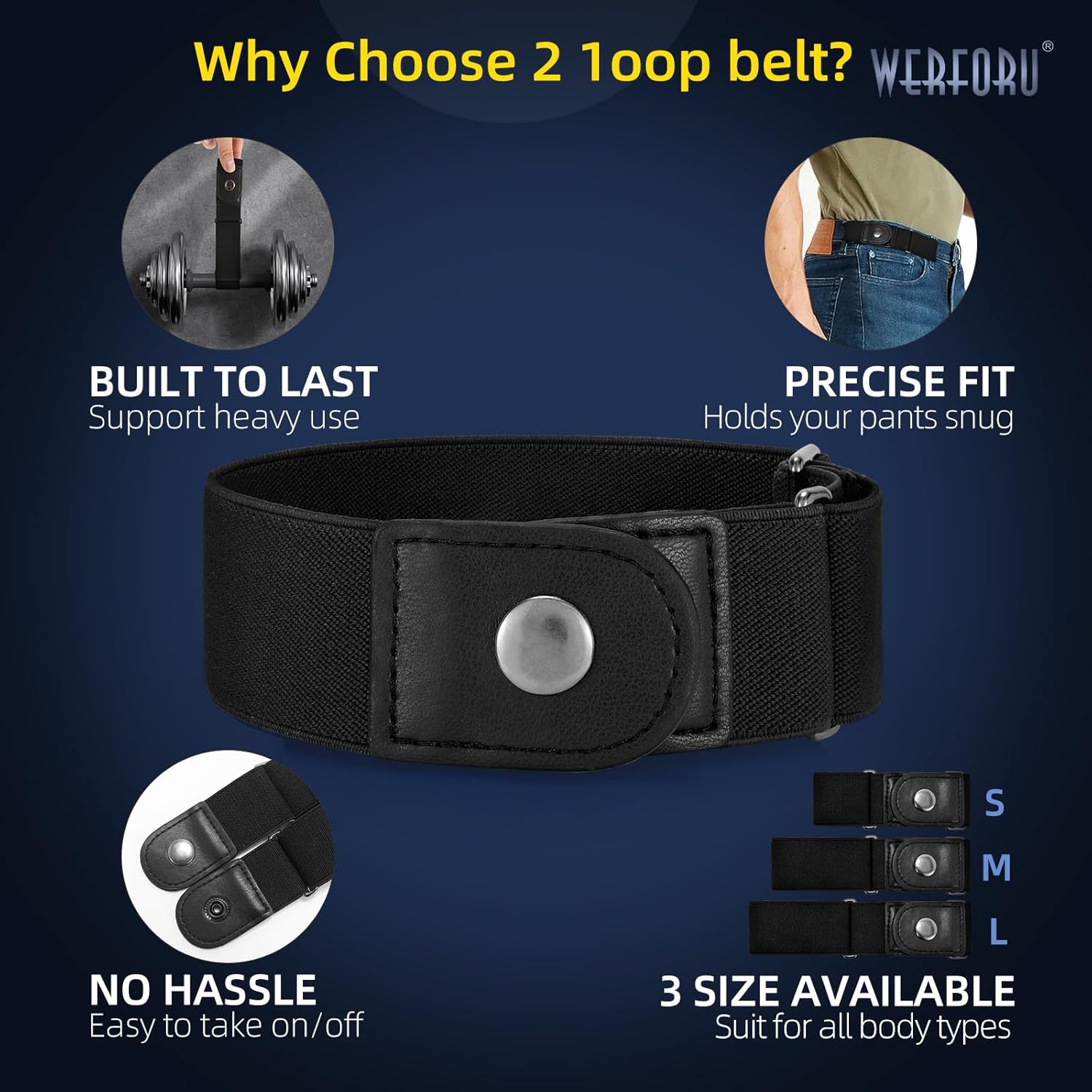 Werforu Men 2 Loop No Buckle Elastic Belt For Women Men Side Belts, Fit 1.5 Inch Belt Loop