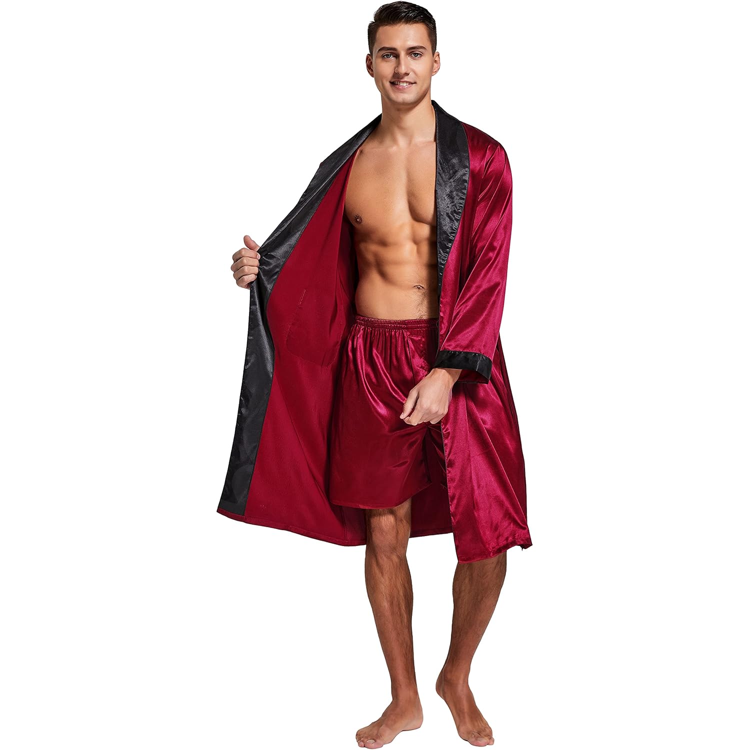 Tony & Candice Men'S Satin Robe Lightweight Long Sleeve Silk Kimono Bathrobe With Shorts Set Sleepwear