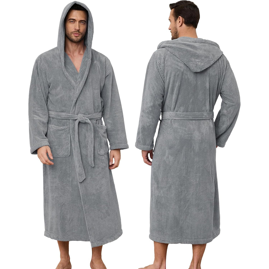 Men'S Bathrobes With Hood, Soft Long Towel Robe For Men - Super Absorbent Quick Dry Yet Warm
